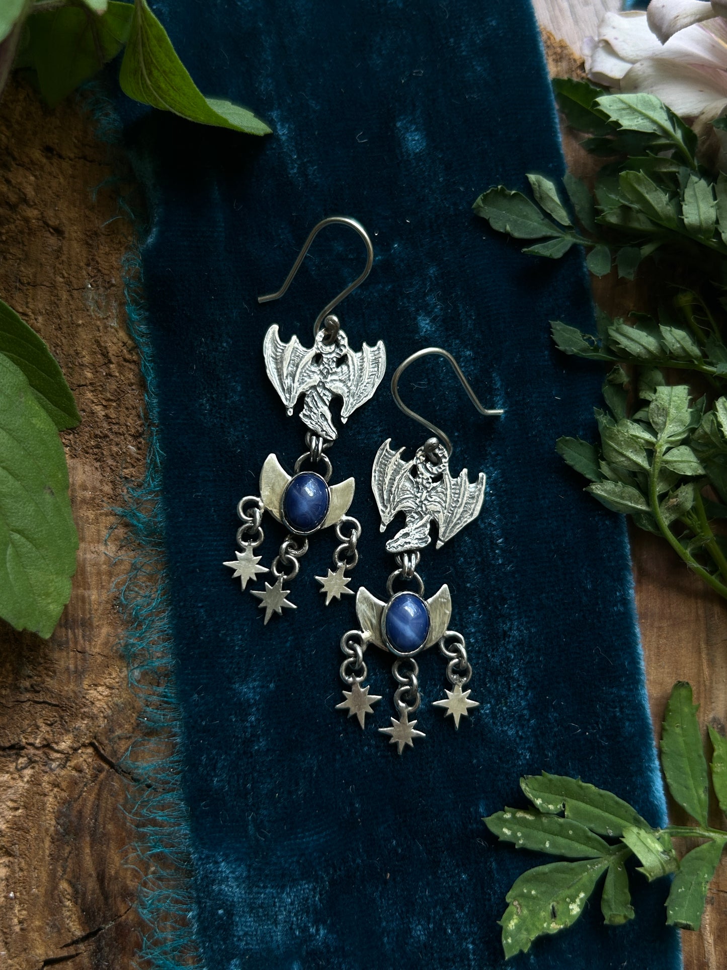 Moon and Starlit Dragon Flight Earrings- blue star sapphire - sterling silver jewelry