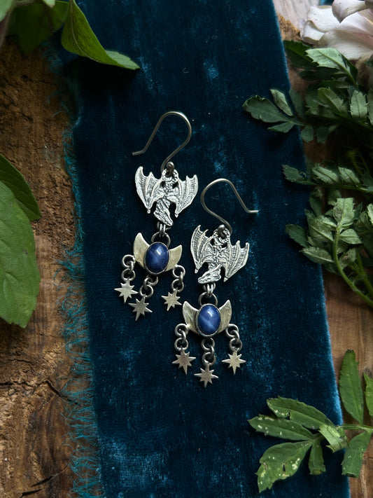 Moon and Starlit Dragon Flight Earrings- blue star sapphire - sterling silver jewelry