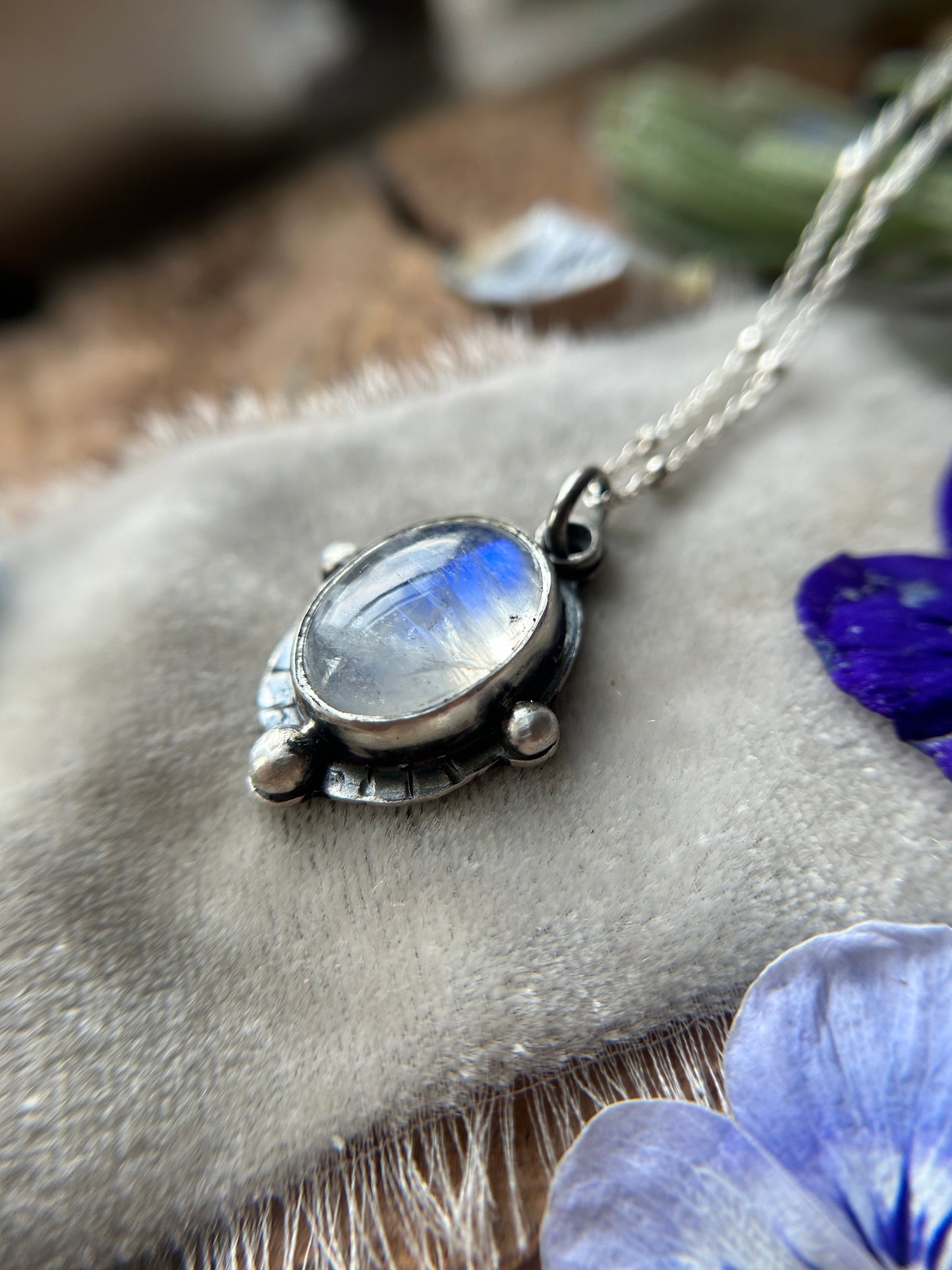 Rainbow Moonstone with Barn Owl back Necklace- sterling silver