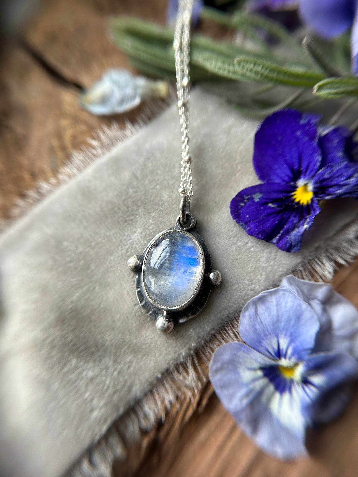 Rainbow Moonstone with Barn Owl back Necklace- sterling silver