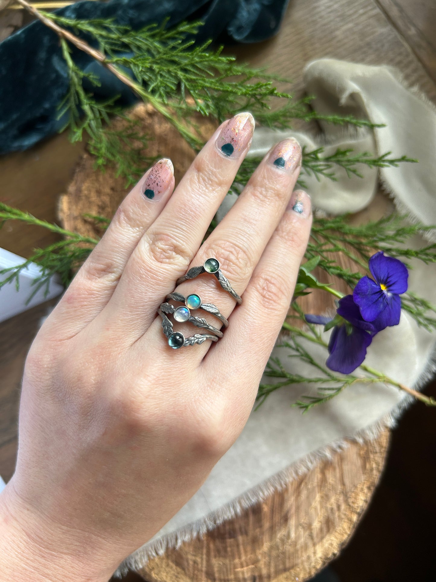 Winter woodland stacker rings- choice of gemstone, leaves, and ring size