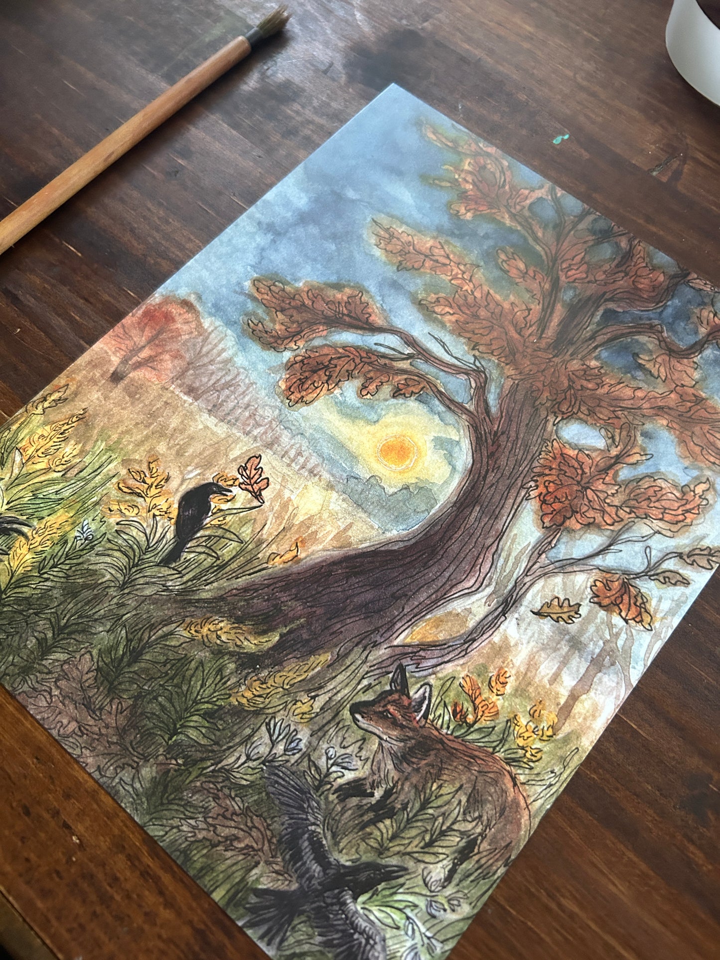 Art print Fox and Crows under the Harvest moon 8x10 size