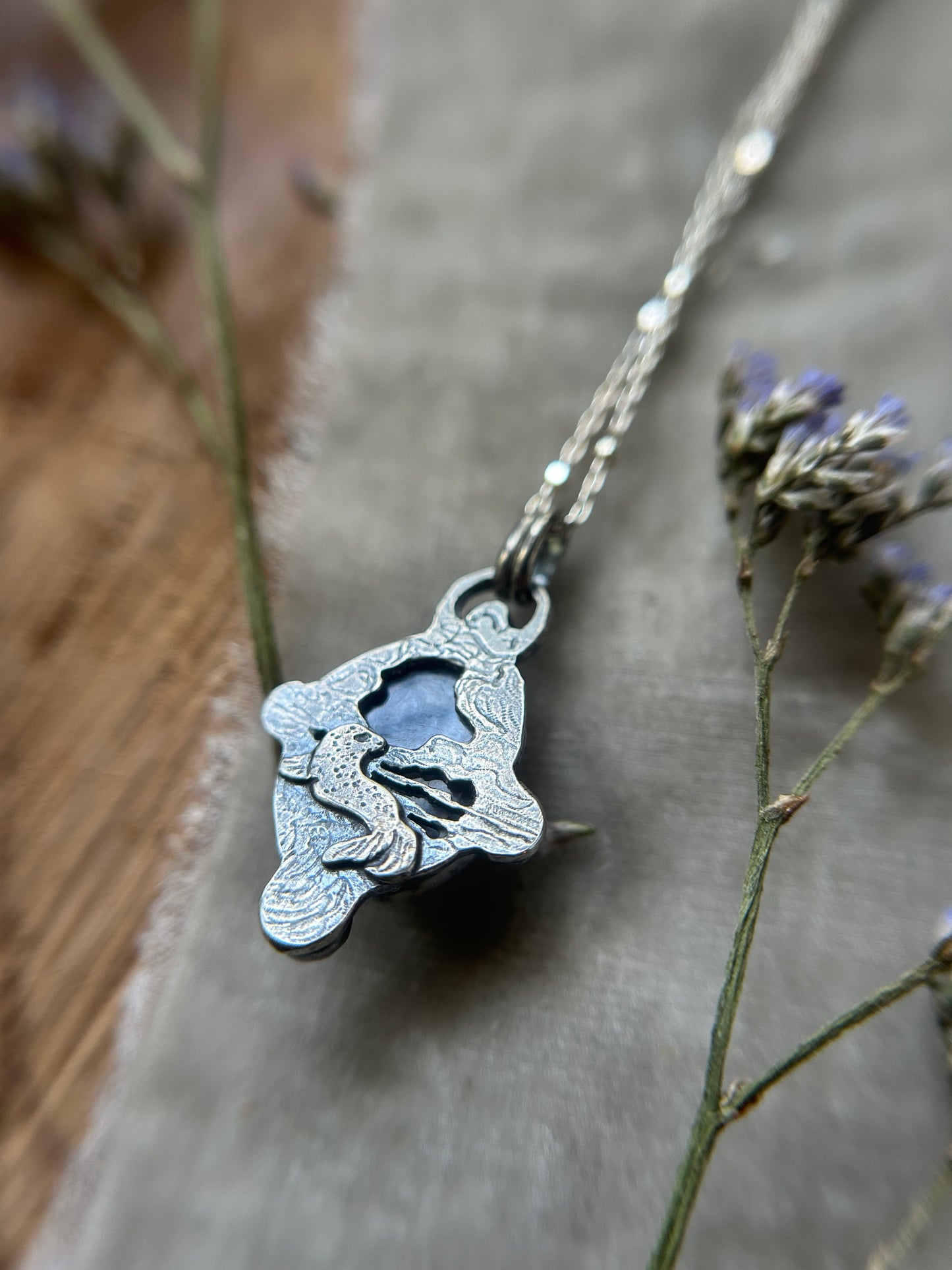 Grey Moonstone with stormy seas selkie back and labradorite necklace- sterling silver jewelry