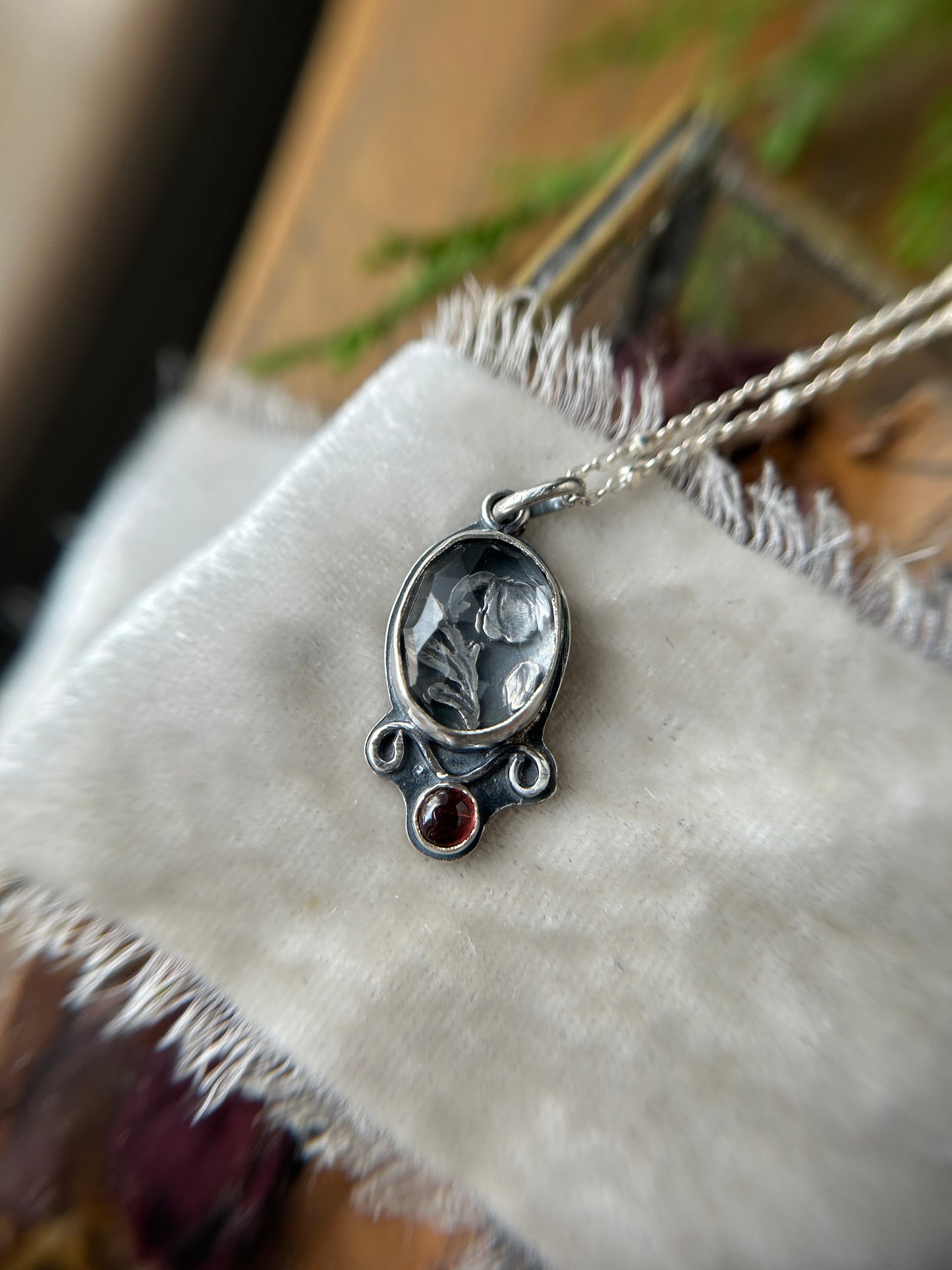 "mini" enchanted rose under quartz with garnet- sterling silver necklace