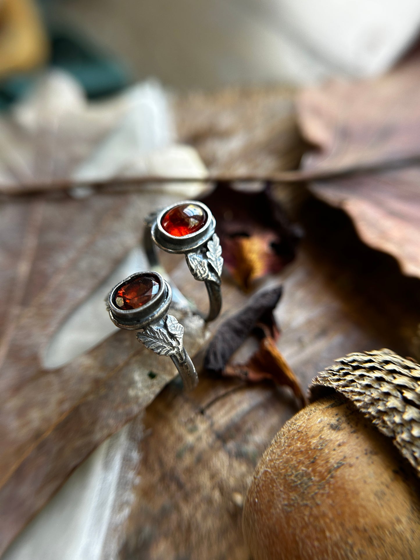 Oak and Acorn Ring in choice of zircon or hessonite garnet- sterling silver jewelry