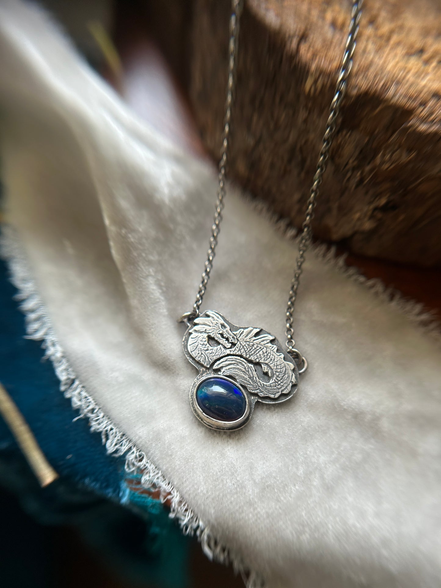 Sea Serpent and Black Opal Necklace- sterling silver jewelry