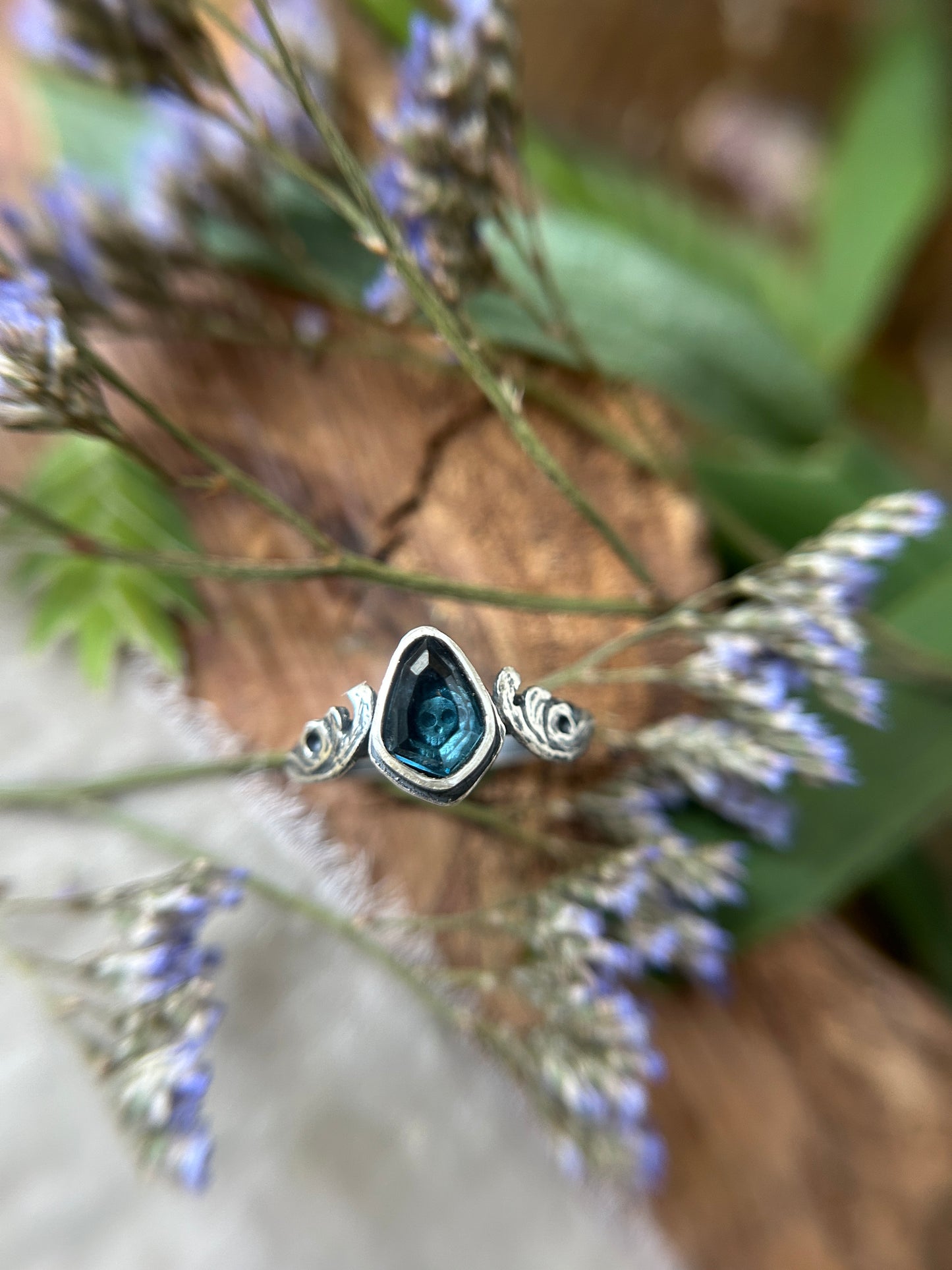 London Blue Topaz Memento Mori Skull and Waves Ring- sterling silver jewelry- MADE TO ORDER