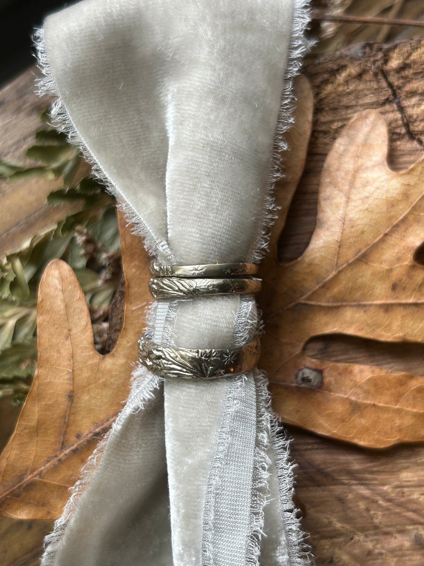 Payment 2 of 2 Custom wedding ring set with bluebells and snowflakes in 14k palladium white gold