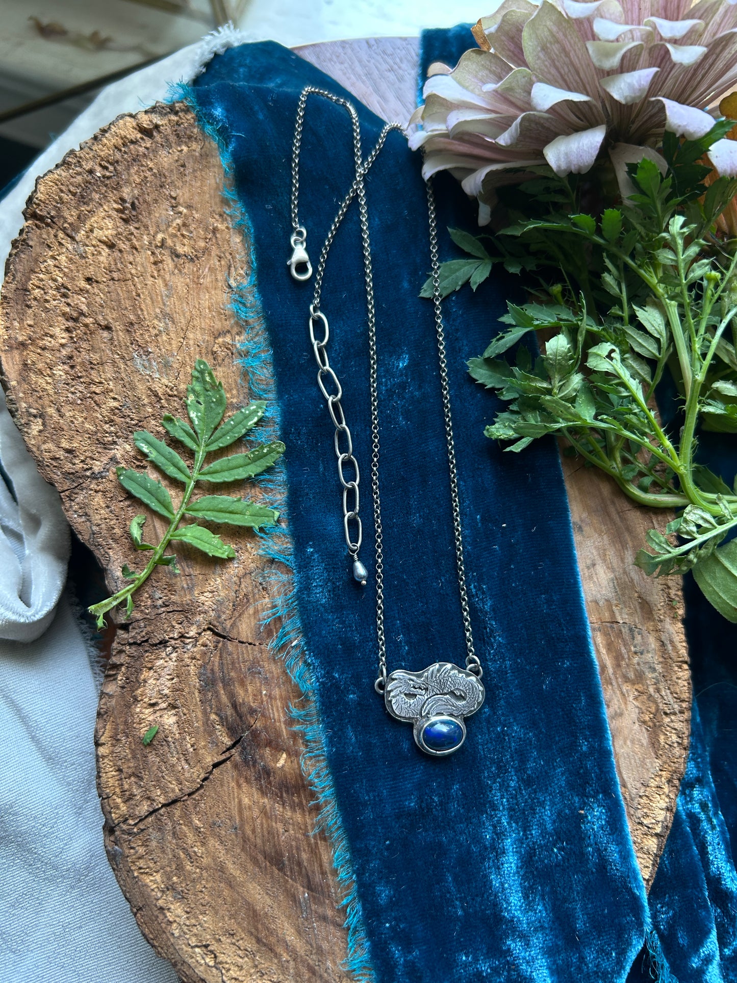 Sea Serpent and Black Opal Necklace- sterling silver jewelry