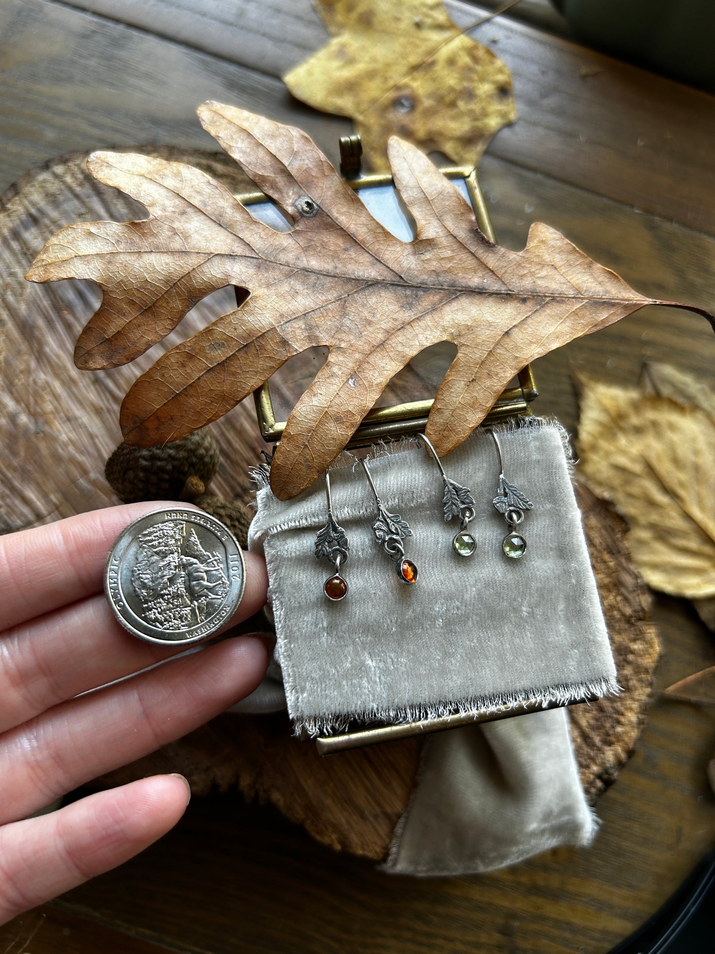 Oak leaf and Acorn Earrings- Sterling silver jewelry with gemstone charm