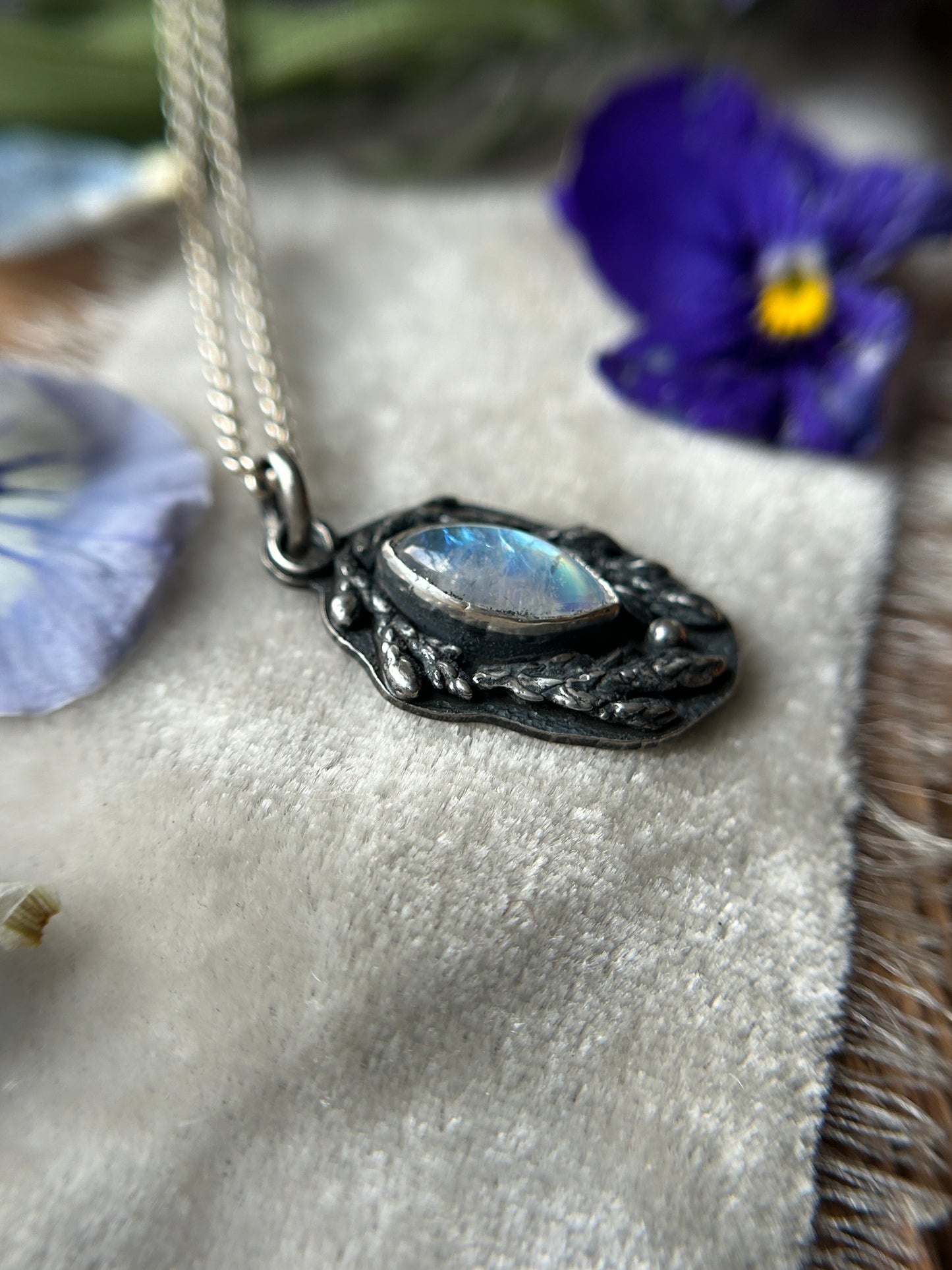 Rainbow Moonstone with Cedar Branches Necklace- sterling silver