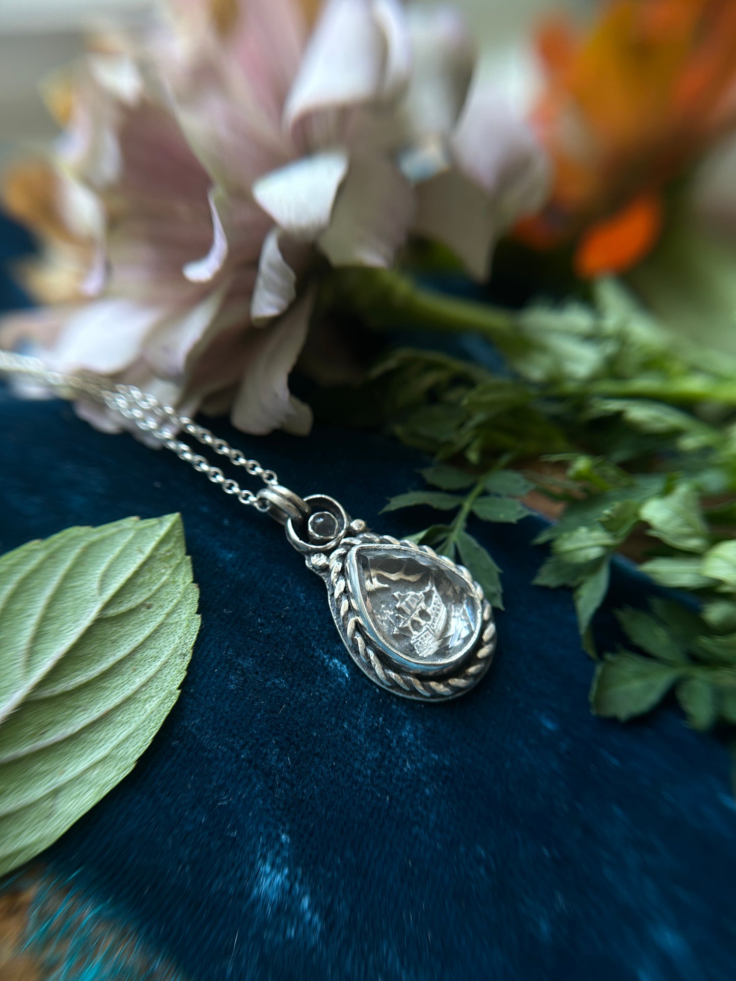 Sailing Ship through the Tempest - portrait cut quartz with grey moonstone- sterling silver jewelry