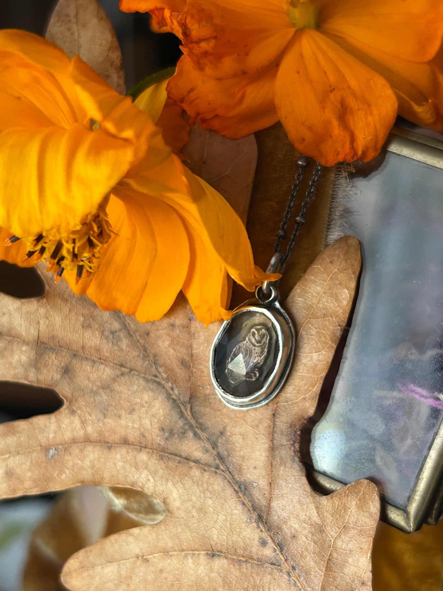 Smoky quartz barn owl necklace- Sterling silver jewelry