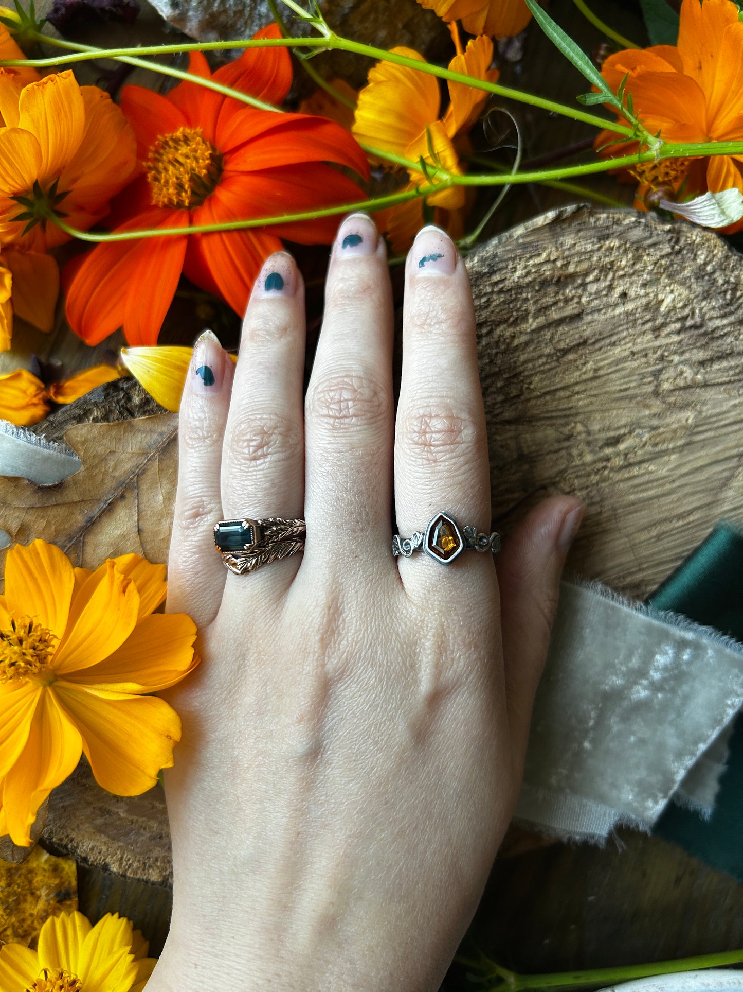 Pumpkin Rings with Hessonite Garnet gems- Sterling silver jewelry
