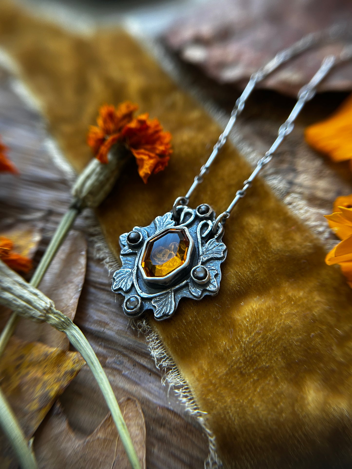 All Hallows Eve Jack-o-lantern necklace with santa ana madiera citrine stone- sterling silver jewelry