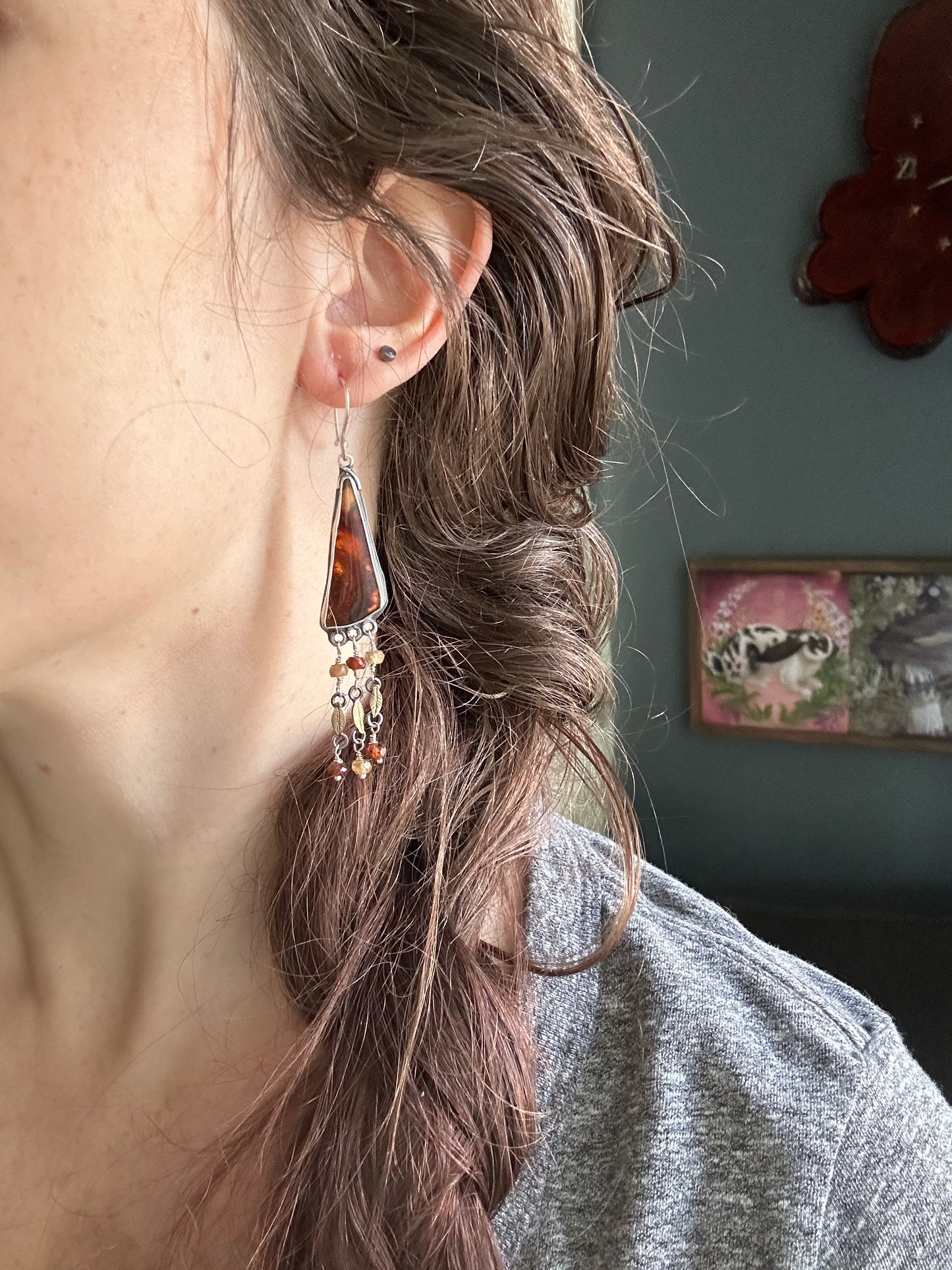 Carnelian Crow Earrings- sterling silver earrings with brass leaves and hessonite garnet details