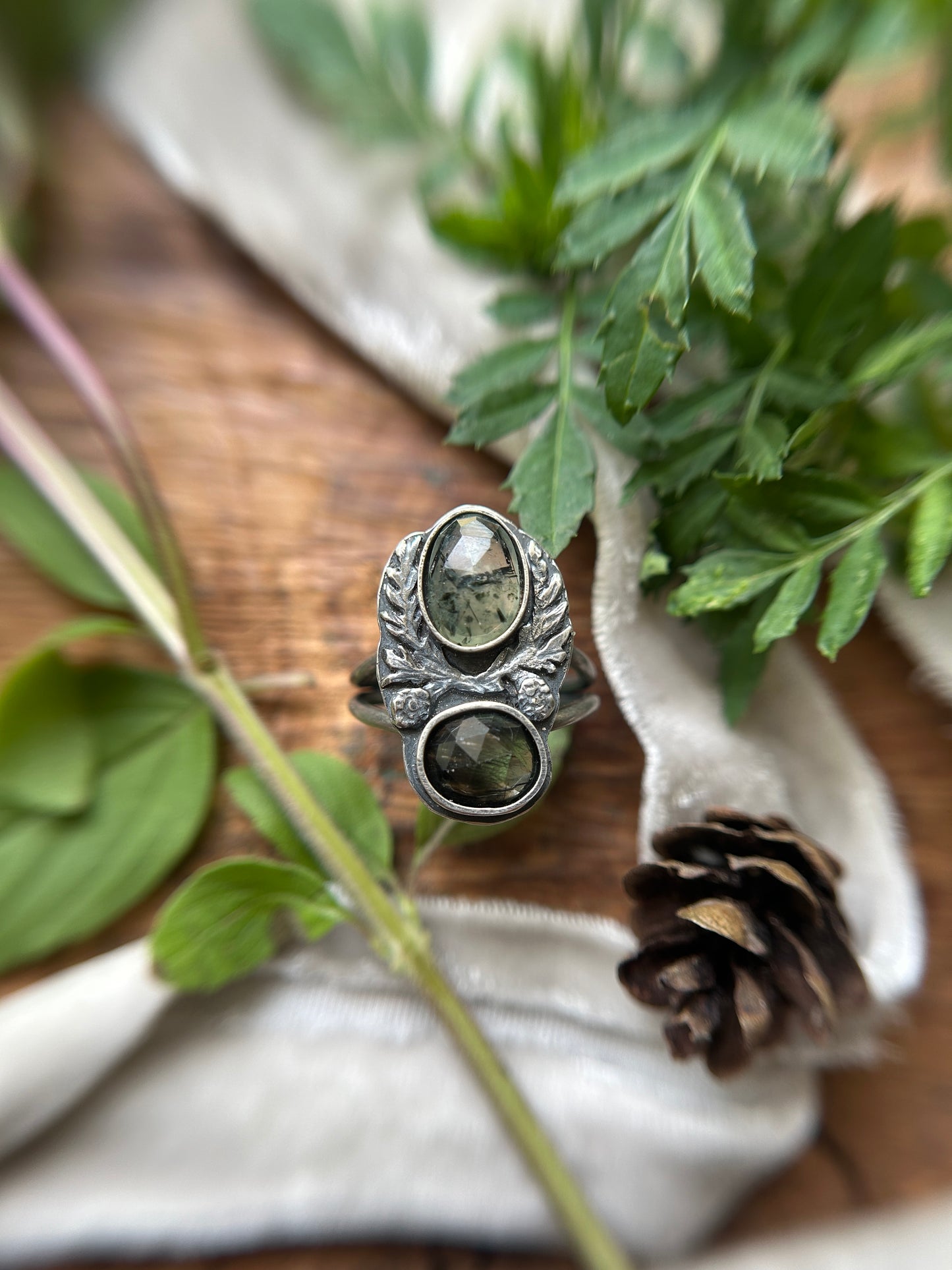 Eastern Hemlock Branches with Prehnite and Peridot ludwigite Ring- sterling silver jewelry