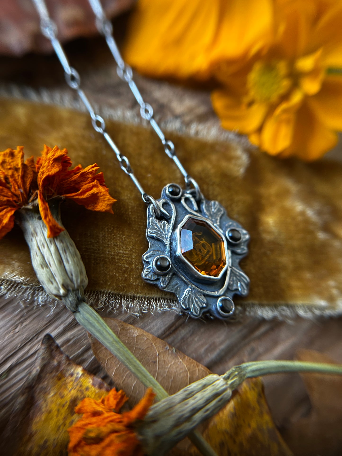 All Hallows Eve Jack-o-lantern necklace with santa ana madiera citrine stone- sterling silver jewelry