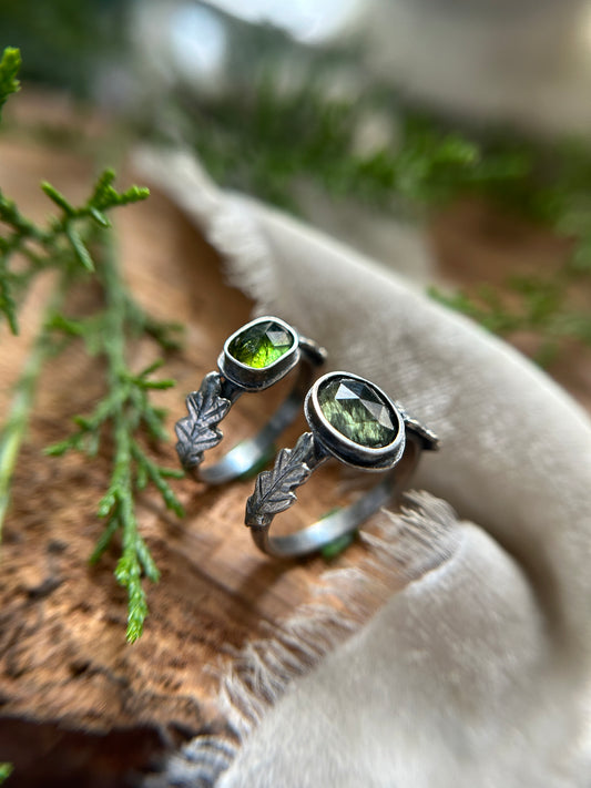 Made to order Oak ring in choice of peridot  w ludwigite or green tourmaline sterling silver