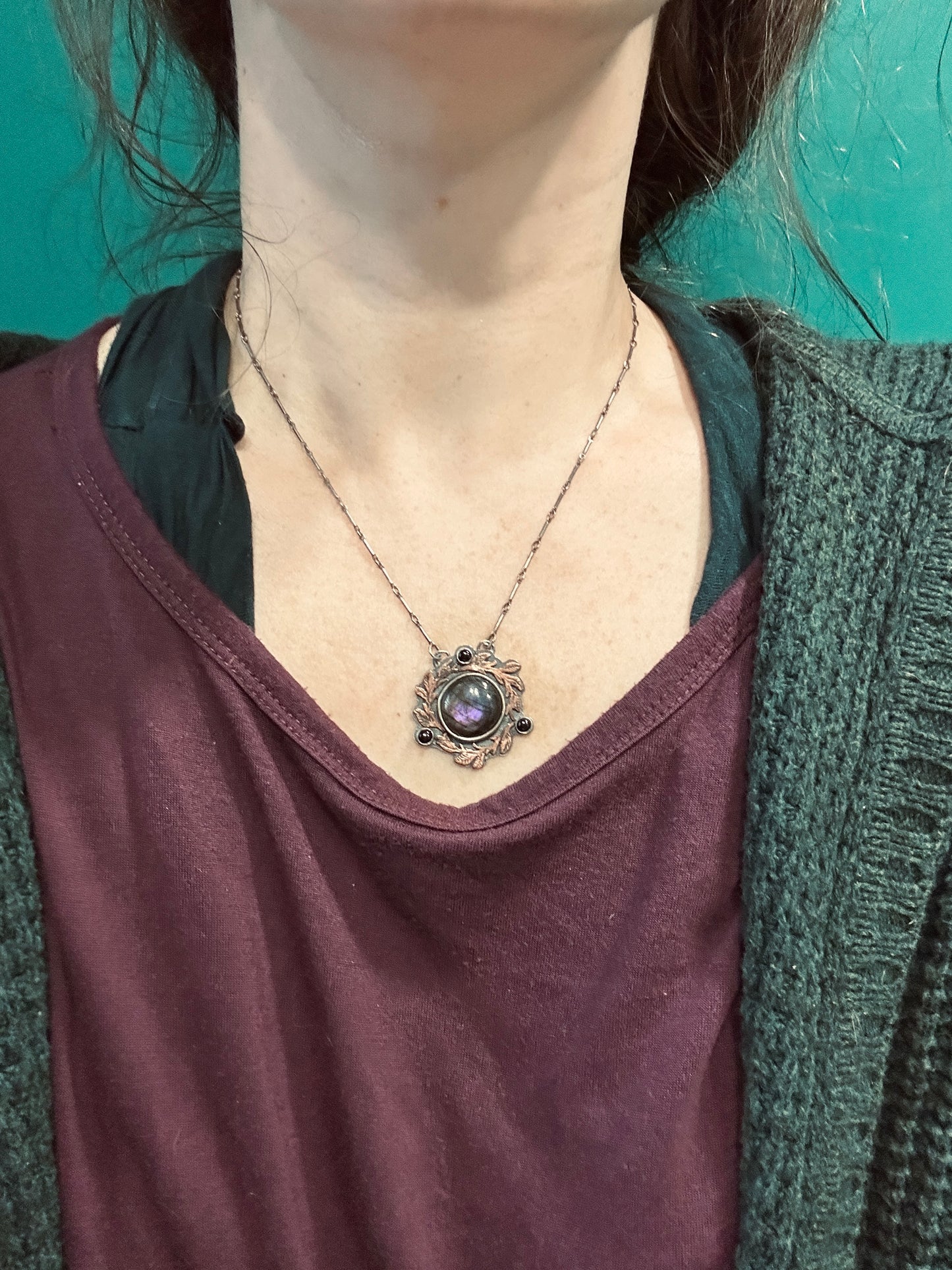 Autumnal Blackberry Vines with Purple Labradorite and Black Onyx- Sterling silver and copper jewelry
