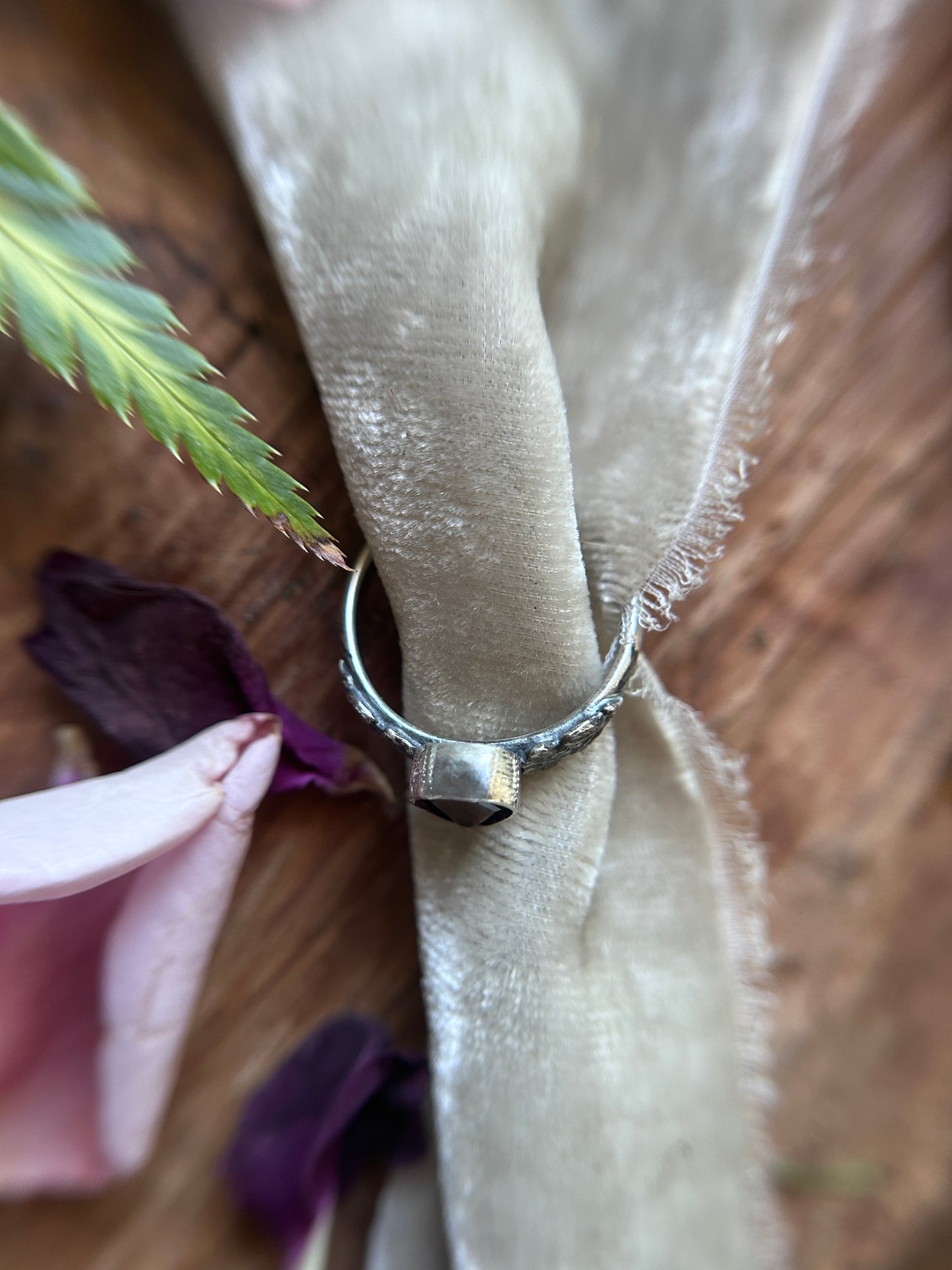 Wild roses & skull ring with portrait cut coffin garnet- Sterling silver jewelry