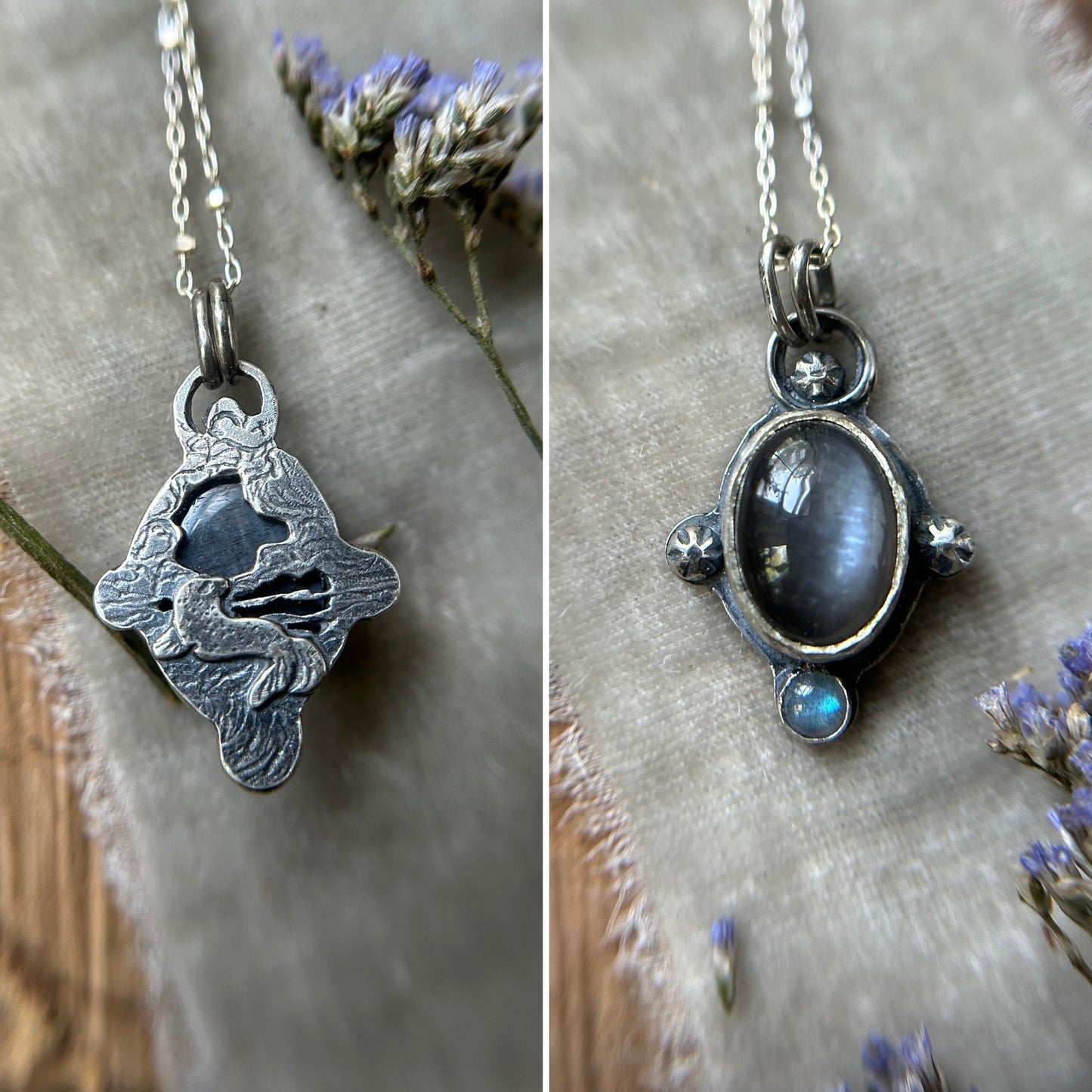 Grey Moonstone with stormy seas selkie back and labradorite necklace- sterling silver jewelry