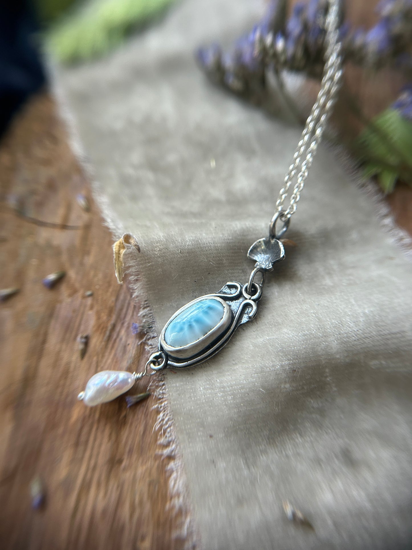Larimar and Pearl Necklace with sailing ship- sterling silver jewelry