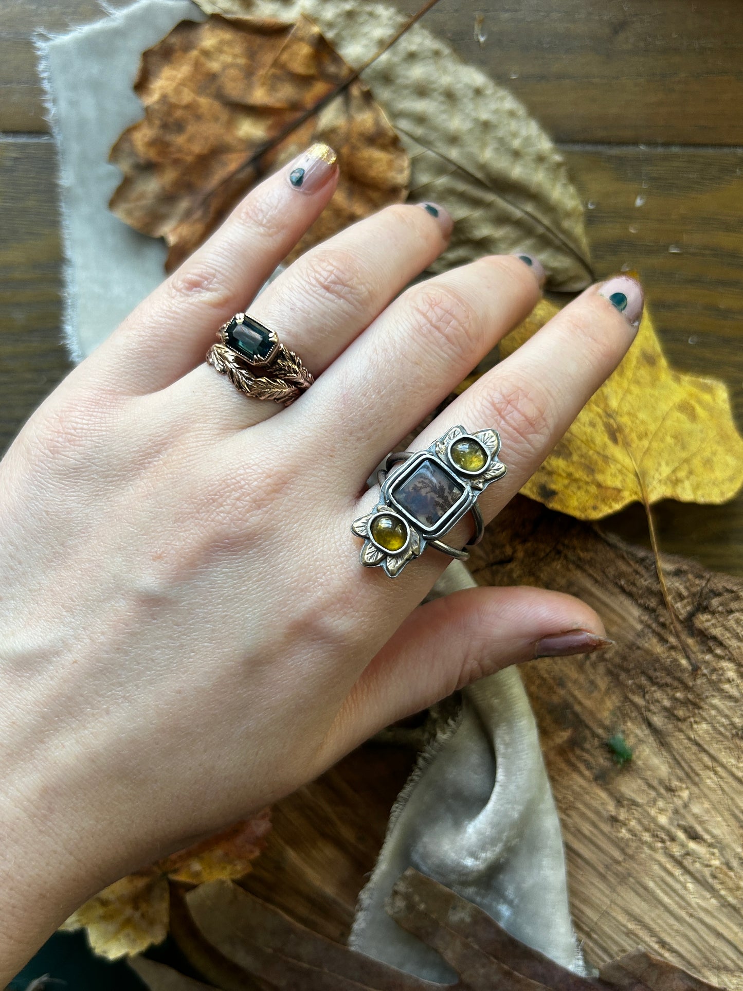 Woodland Maple leaf ring with Dendritic Agate and Tourmaline- sterling silver and brass jewelry