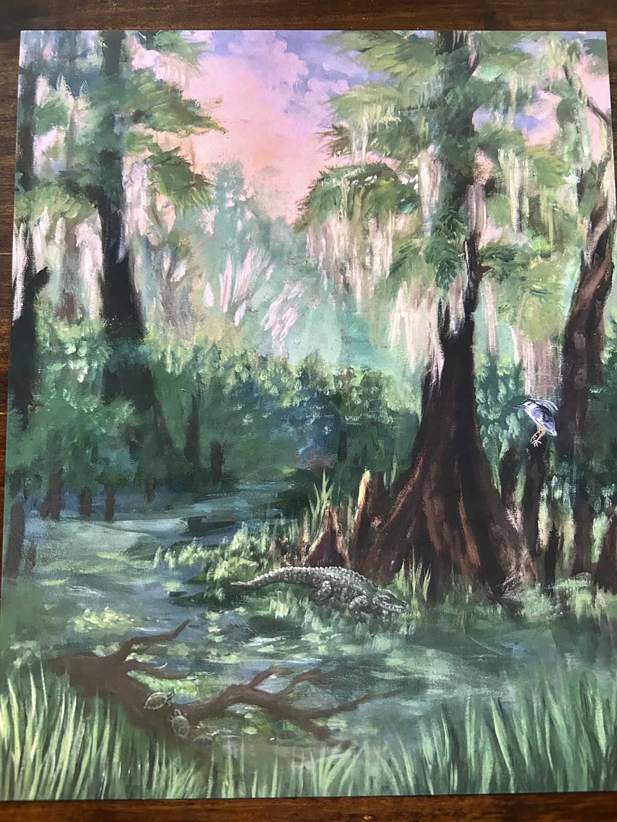 Art print- Twilight in the swamp with alligator, night heron, turtle Lowcountry painting- 8x10