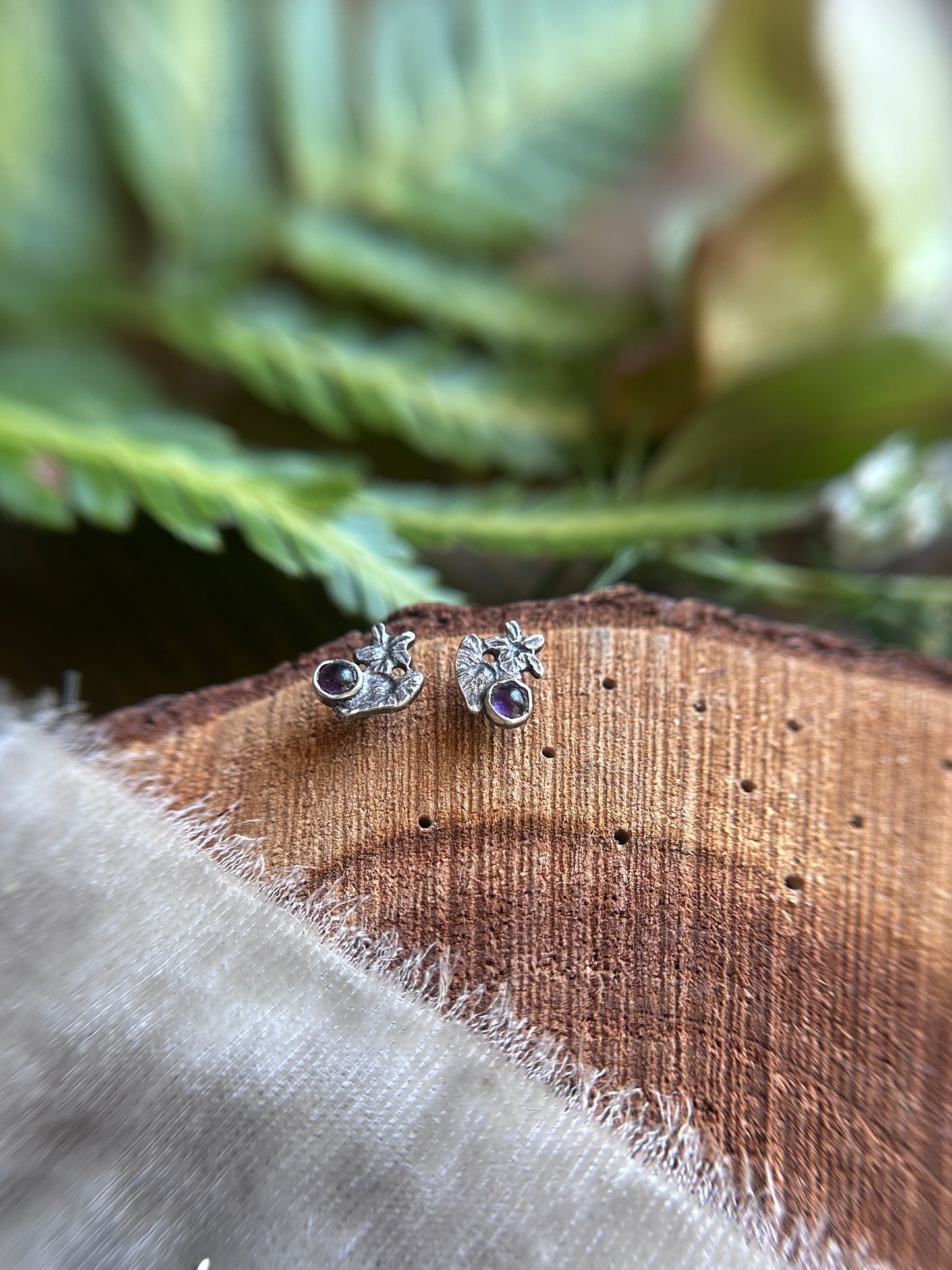 Wild violet post earrings with amethyst- Sterling silver jewelry