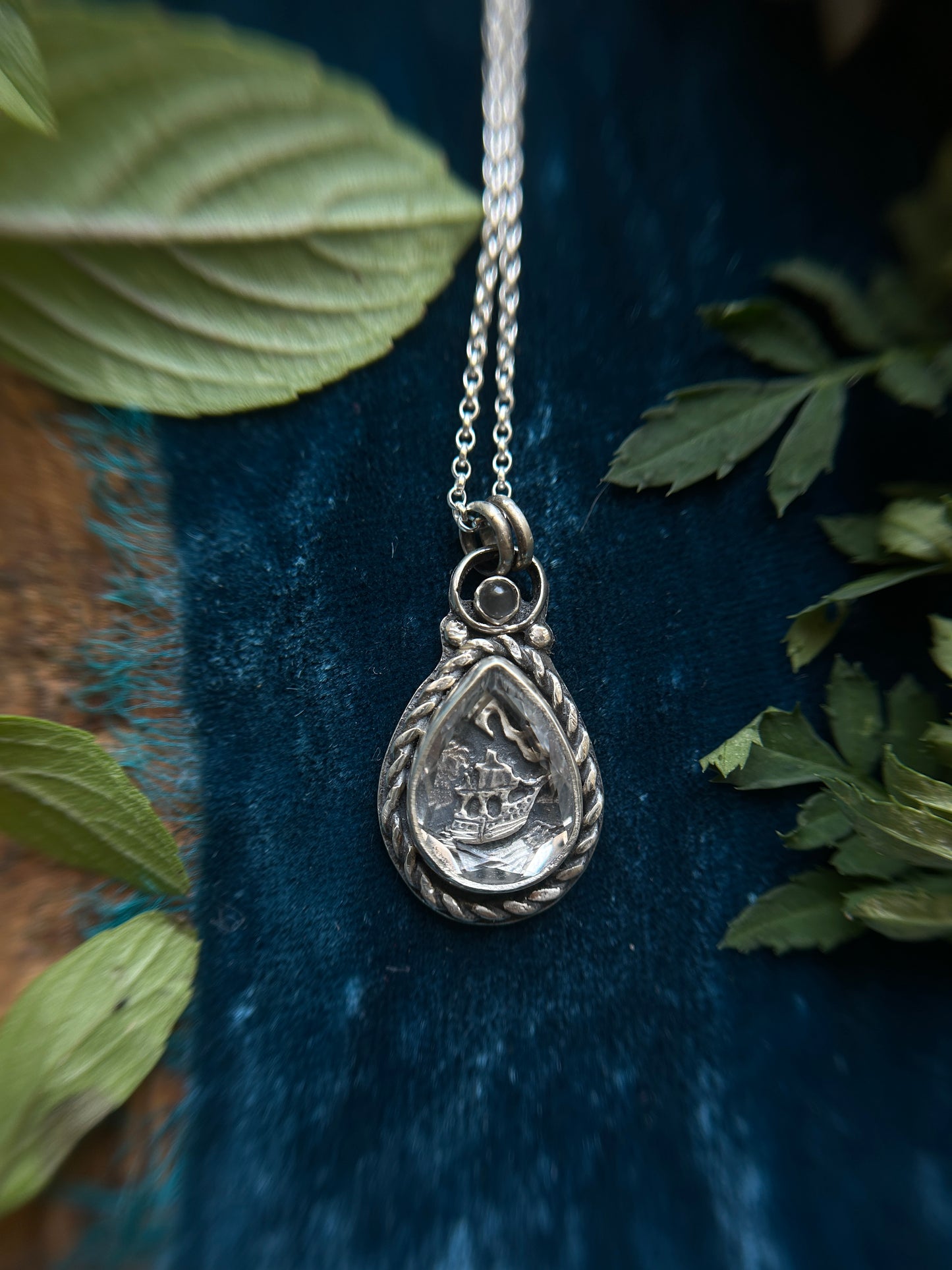 Sailing Ship through the Tempest - portrait cut quartz with grey moonstone- sterling silver jewelry