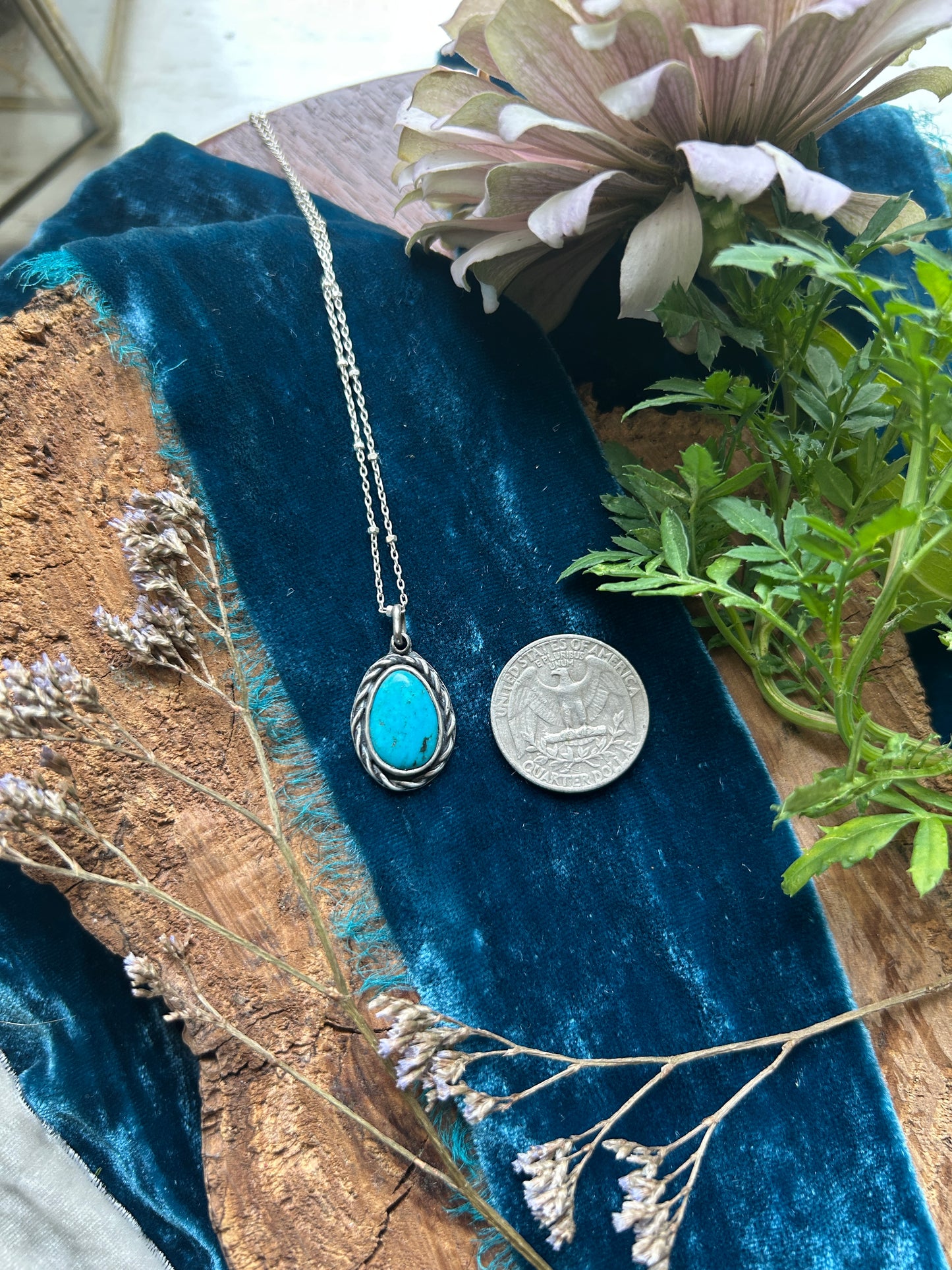 Blue Turquoise with hidden bluebird Necklace- sterling silver jewelry