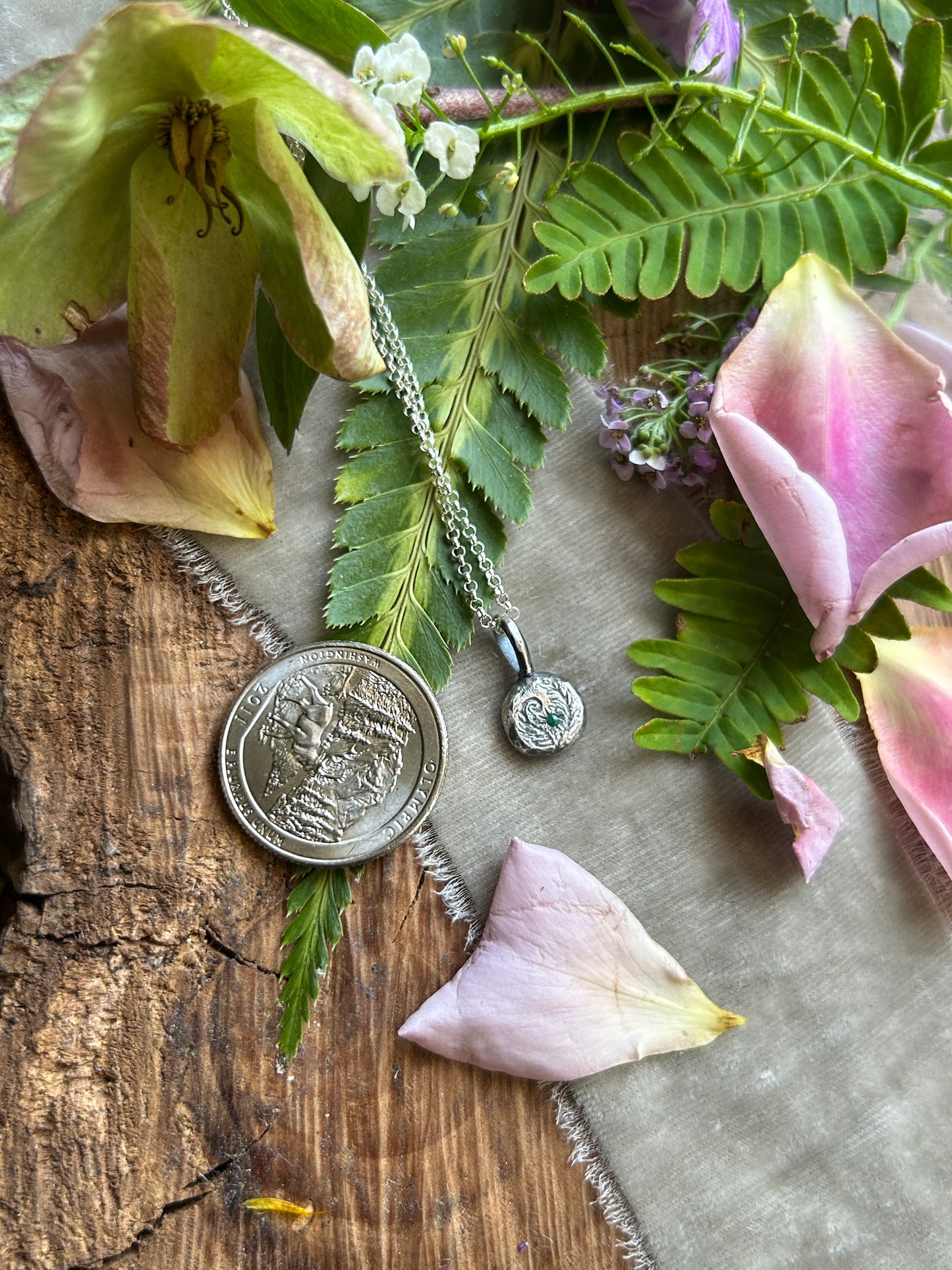 Moon pebble with ferns and emerald necklace- Sterling silver jewelry