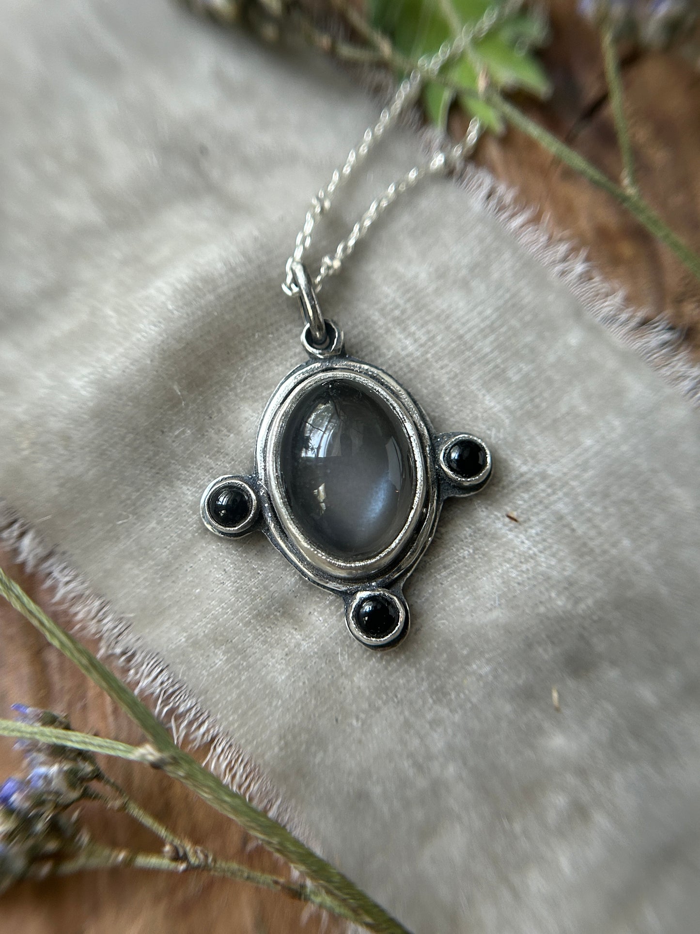 Weeping Willow Grey Moonstone and black onyx necklace- sterling silver jewelry