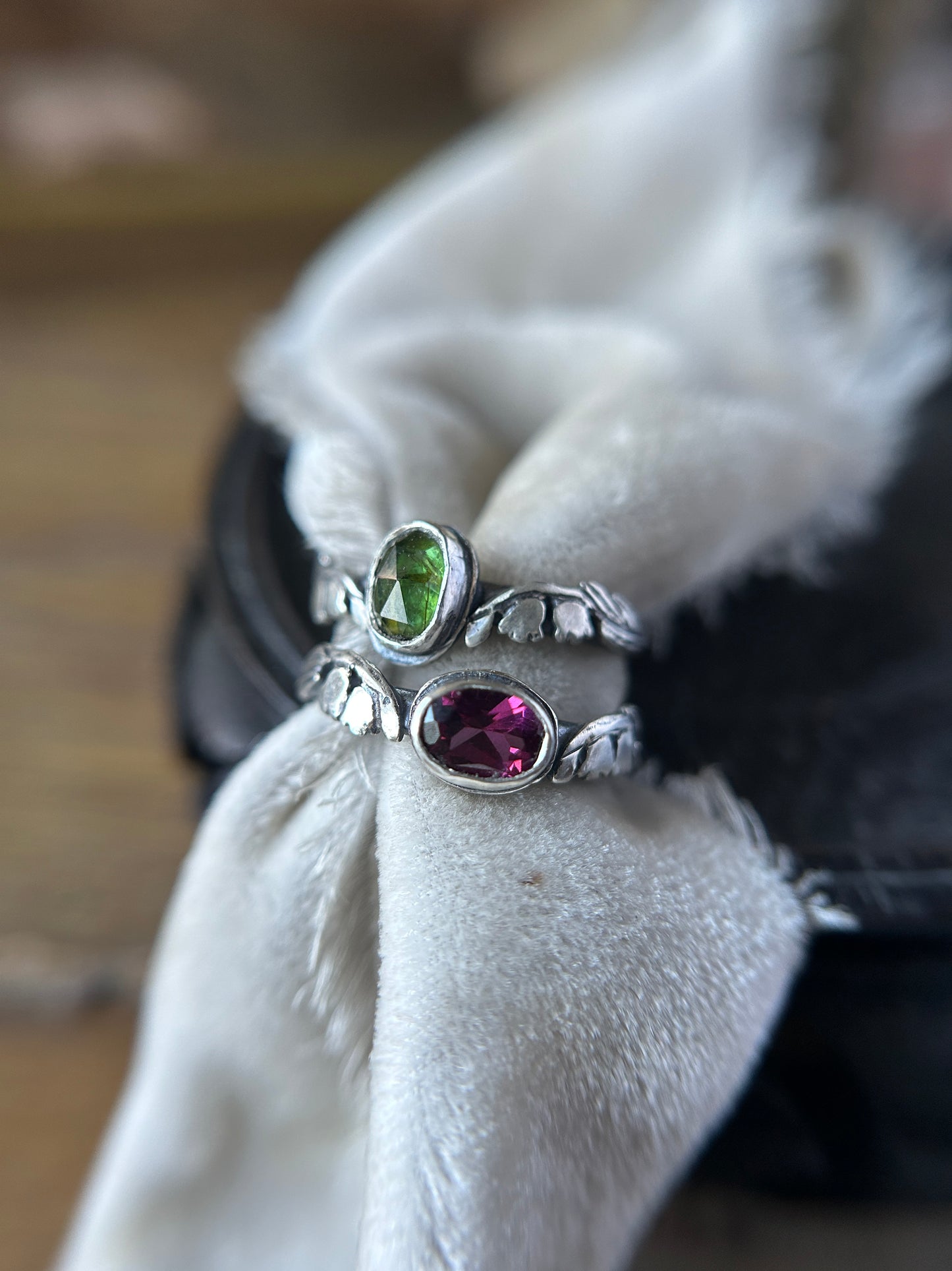 Ready to ship Lily of the valley ring- choice of green tourmaline or rhodolite garnet- sterling silver