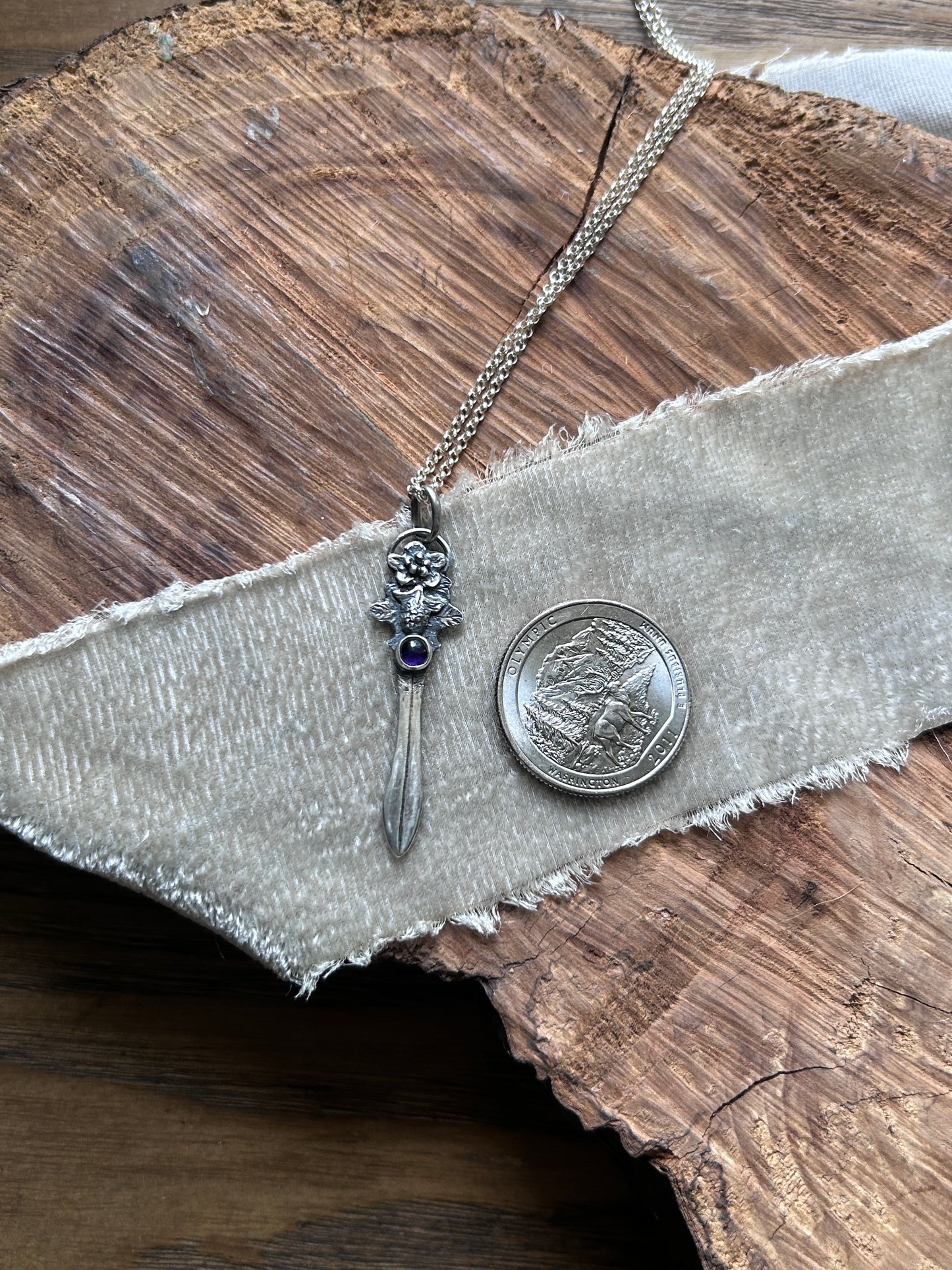 Blackberry bramble sword necklace with amethyst- Sterling silver jewelry