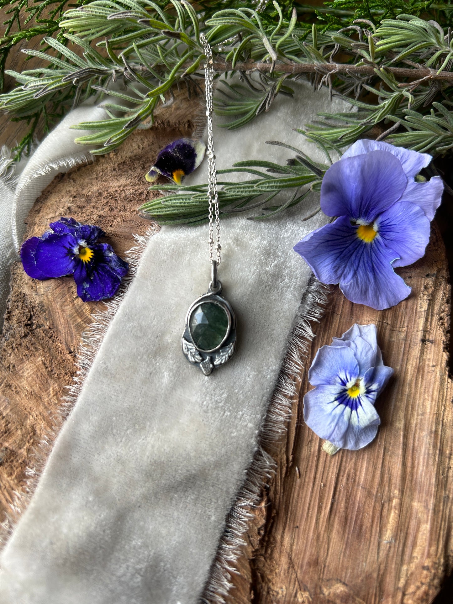 Green Rutilated Quartz Oak and Acorn Necklace with hibernating bear back- sterling silver jewelry