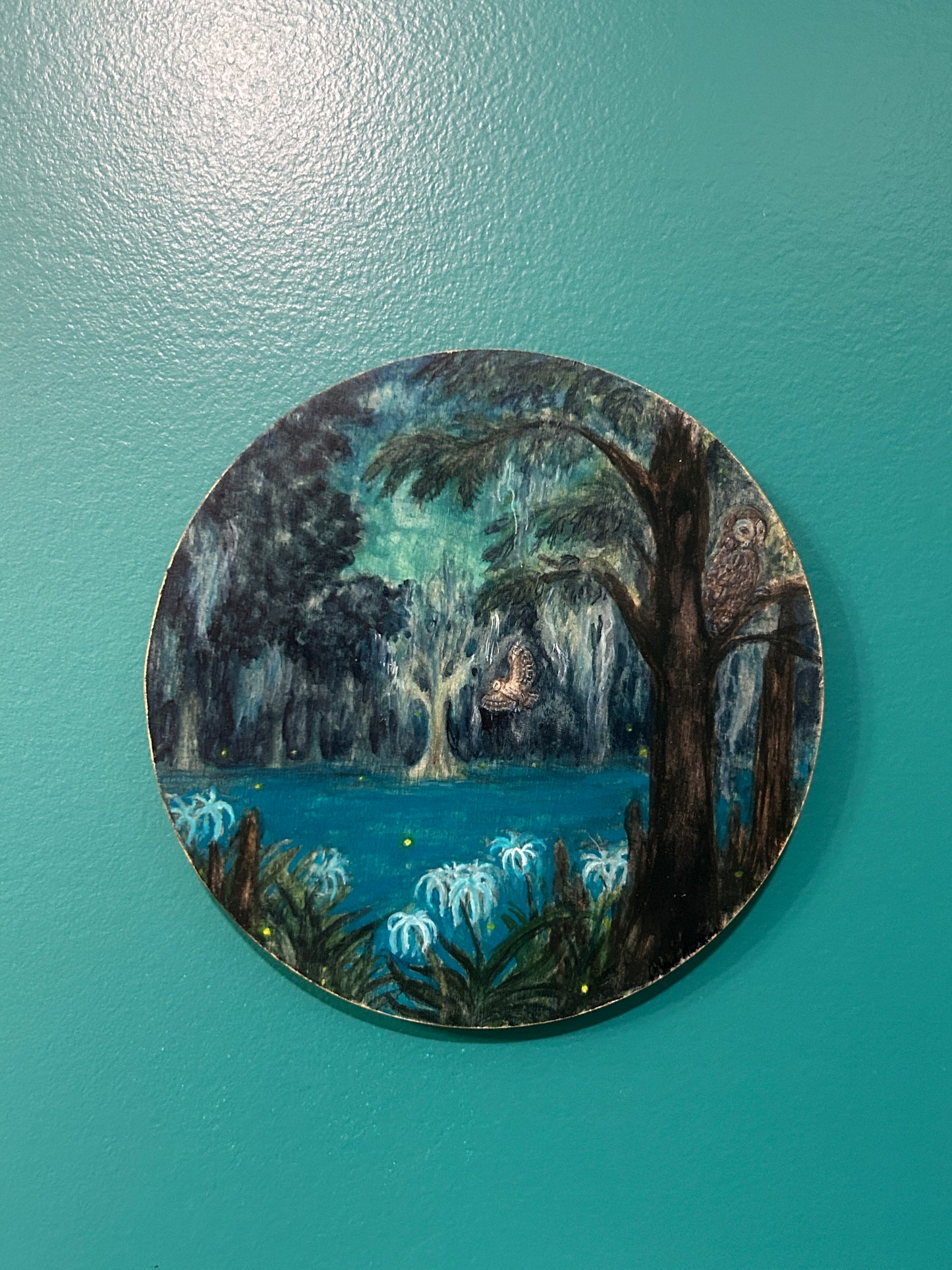Night Ghosts of the Swamp- original round watercolor painting on wood nature owls and swamp lilies