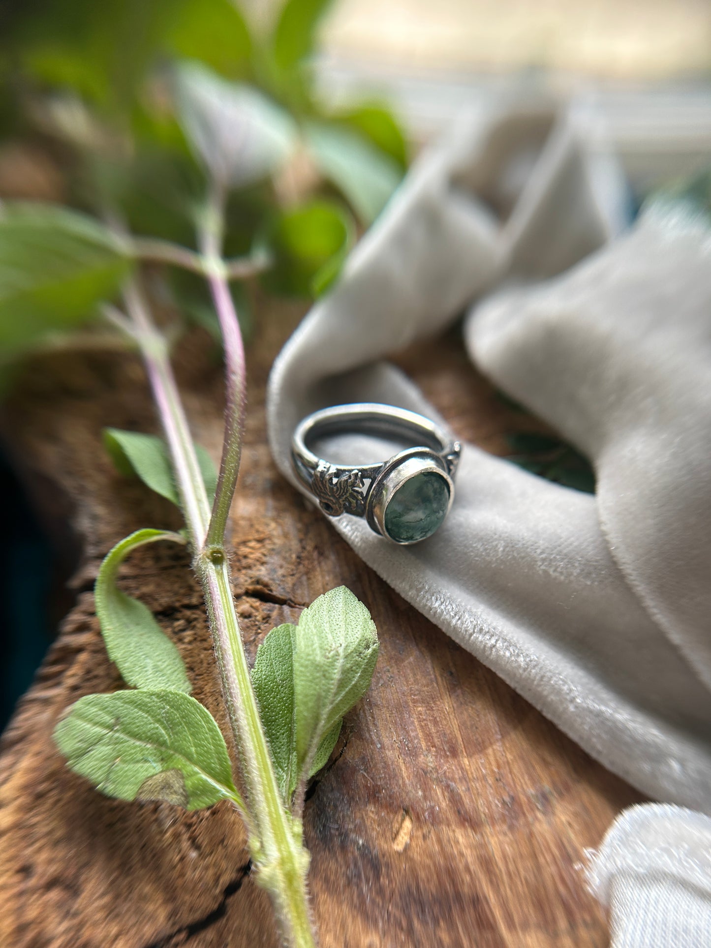 Kelpie Ring with Moss Agate- sterling silver jewelry