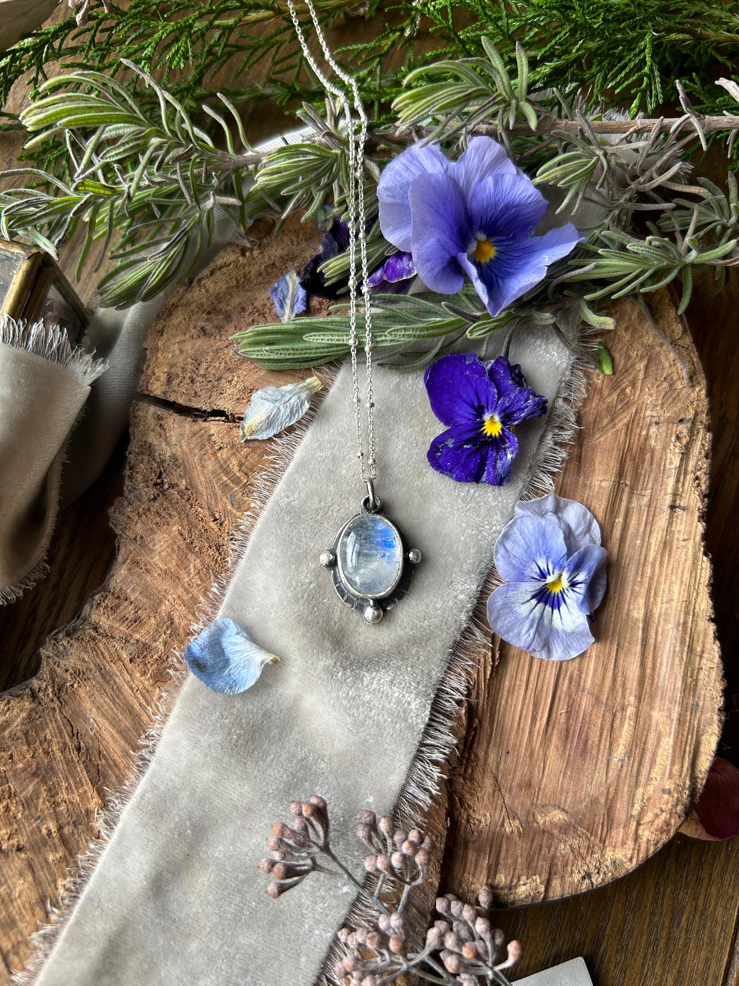 Rainbow Moonstone with Barn Owl back Necklace- sterling silver