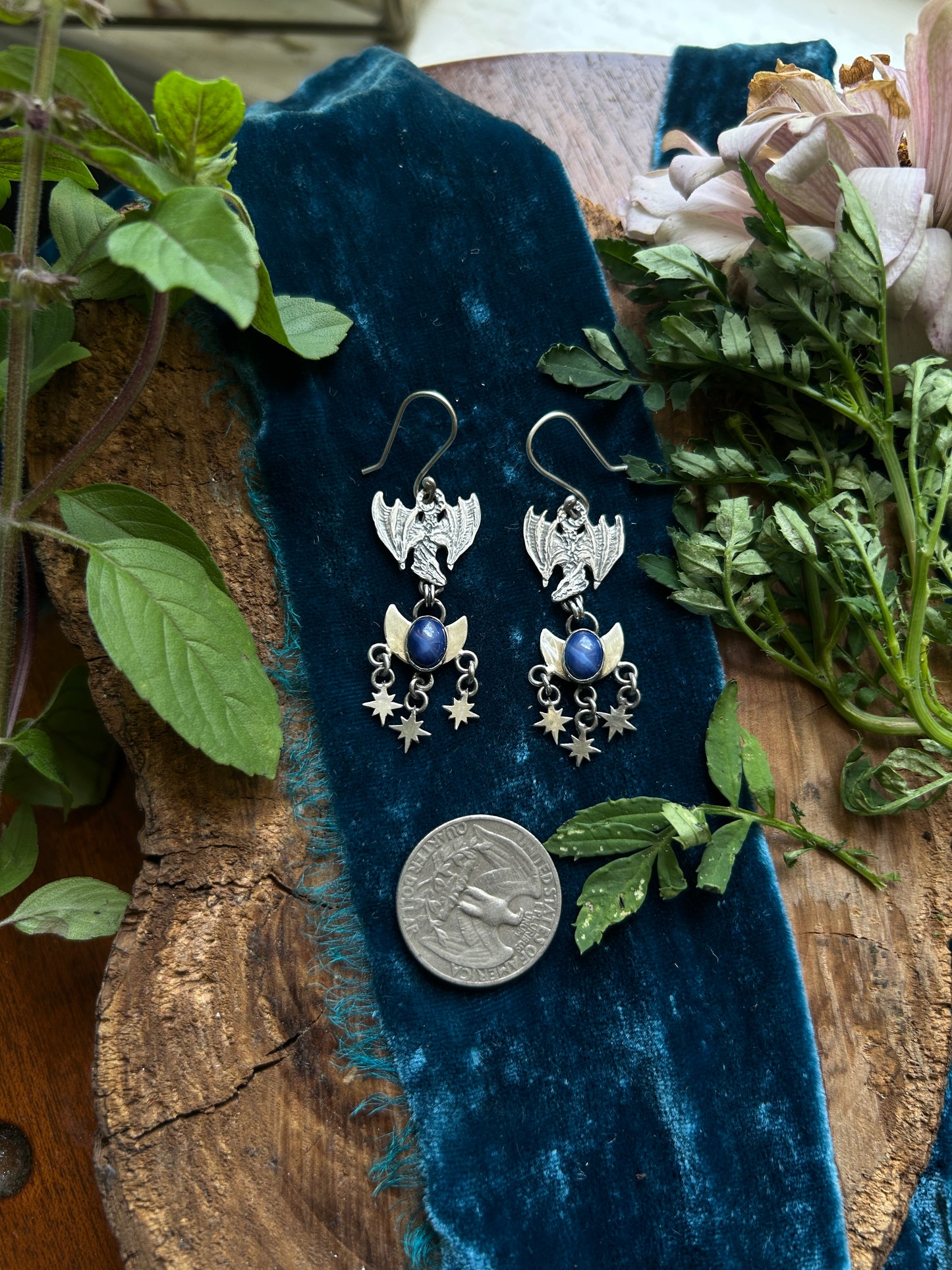 Moon and Starlit Dragon Flight Earrings- blue star sapphire - sterling silver jewelry