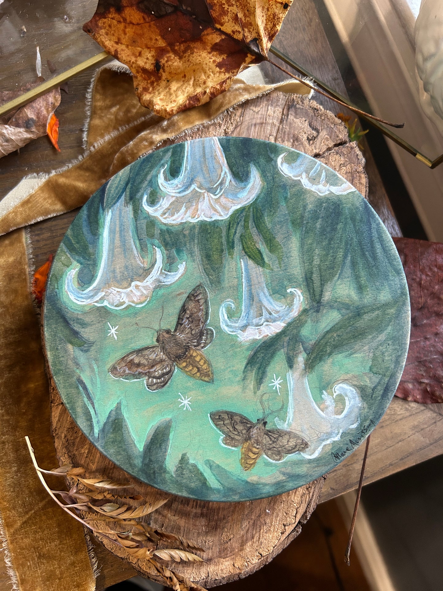 Sphynx Moths and Datura Blossoms- original watercolor on round wood panel