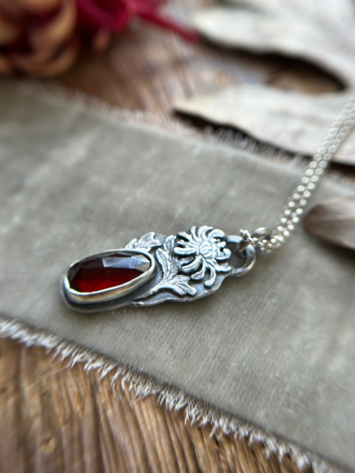 Red Chrysanthemum Flower Garnet Necklace- sterling silver jewelry