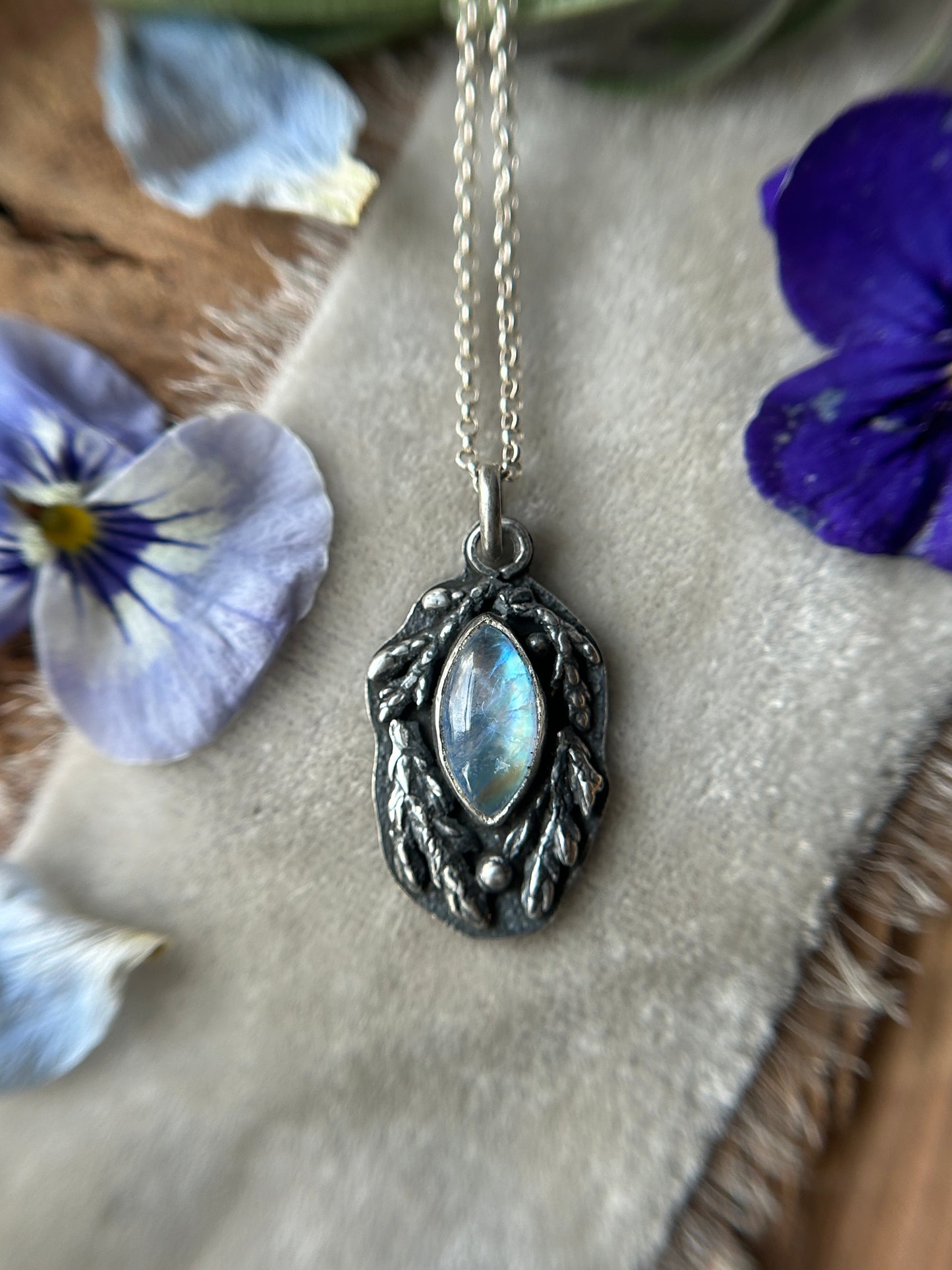 Rainbow Moonstone with Cedar Branches Necklace- sterling silver