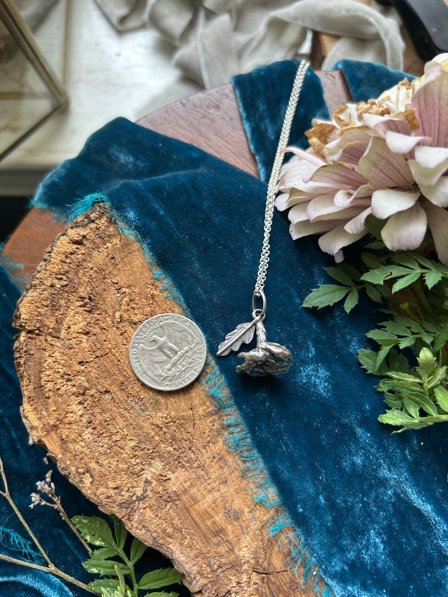 Datura Blossom Necklace with leaf- lost cast sterling silver jewelry