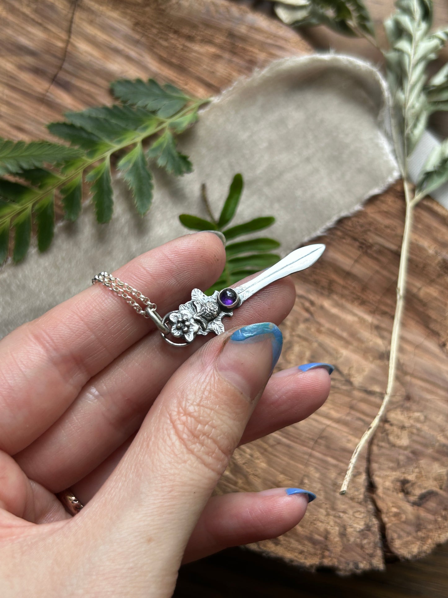 Blackberry bramble sword necklace with amethyst- Sterling silver jewelry