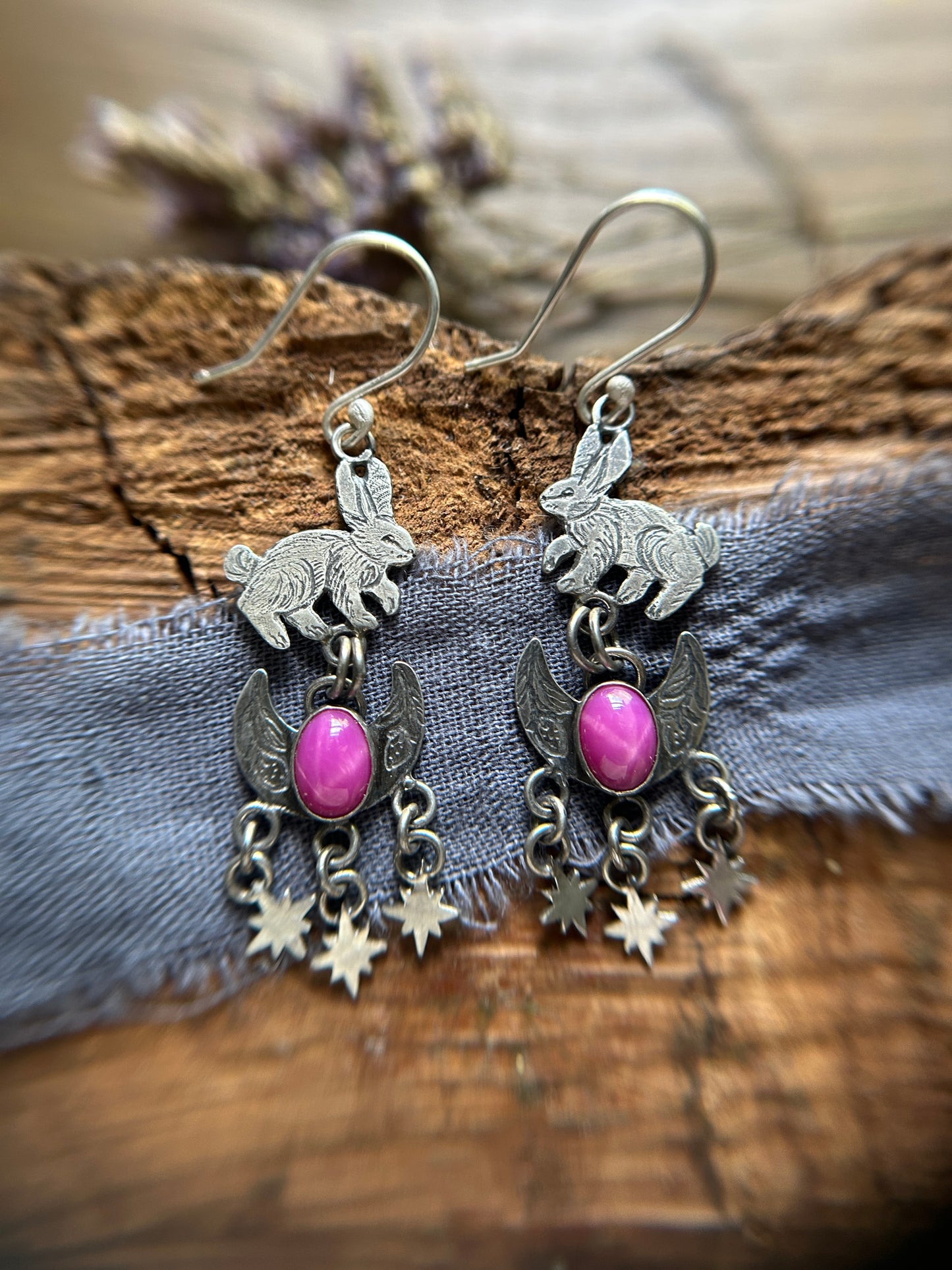 Strawberry Moon Bunny Earrings- Star Ruby Sterling silver jewelry )