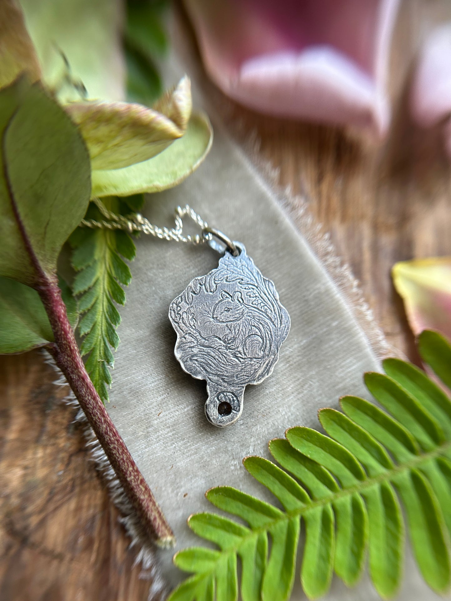 Hibernating chipmunk with portrait cut citrine & zircon necklace- Sterling silver and brass jewelry