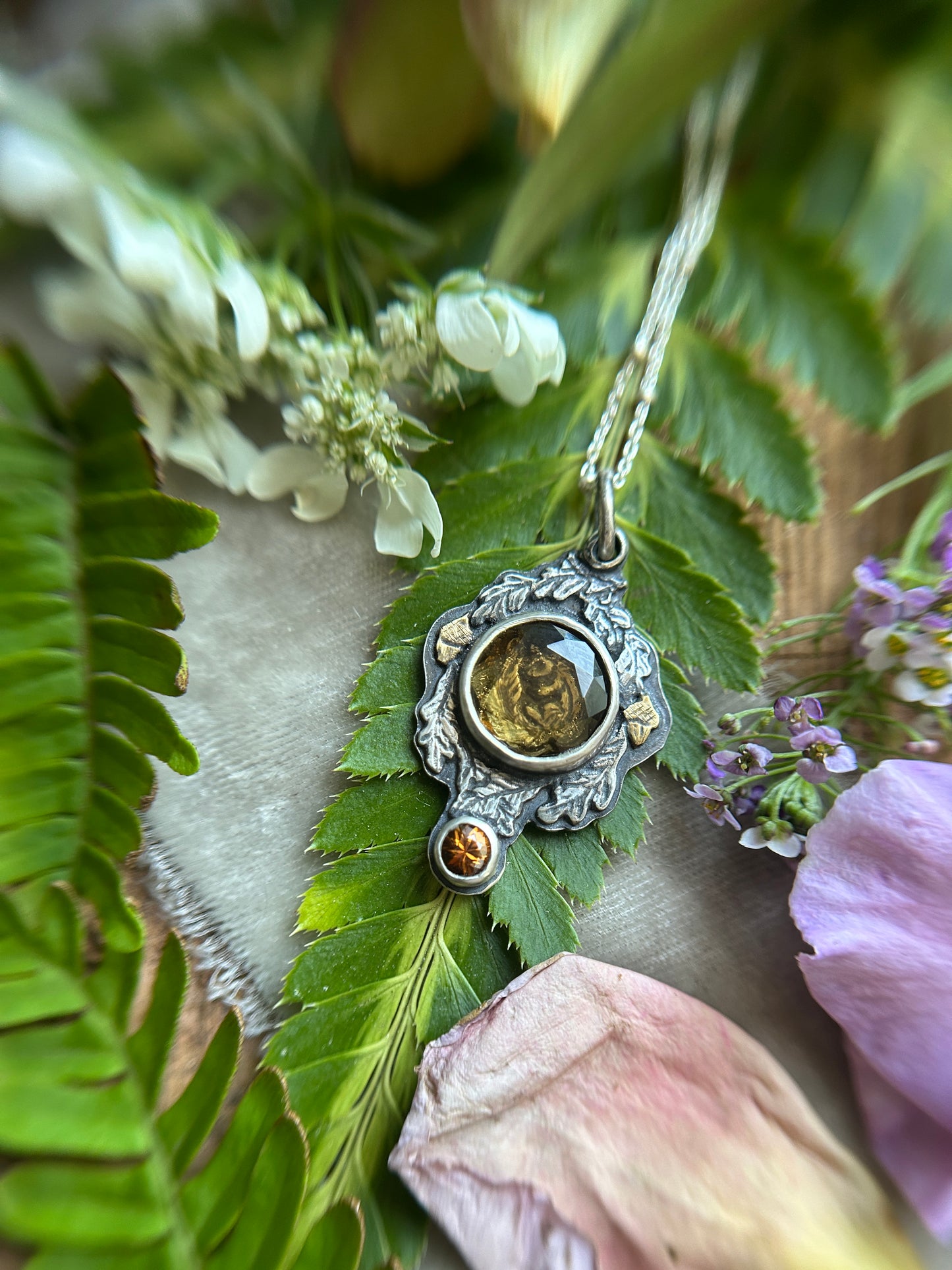 Hibernating chipmunk with portrait cut citrine & zircon necklace- Sterling silver and brass jewelry