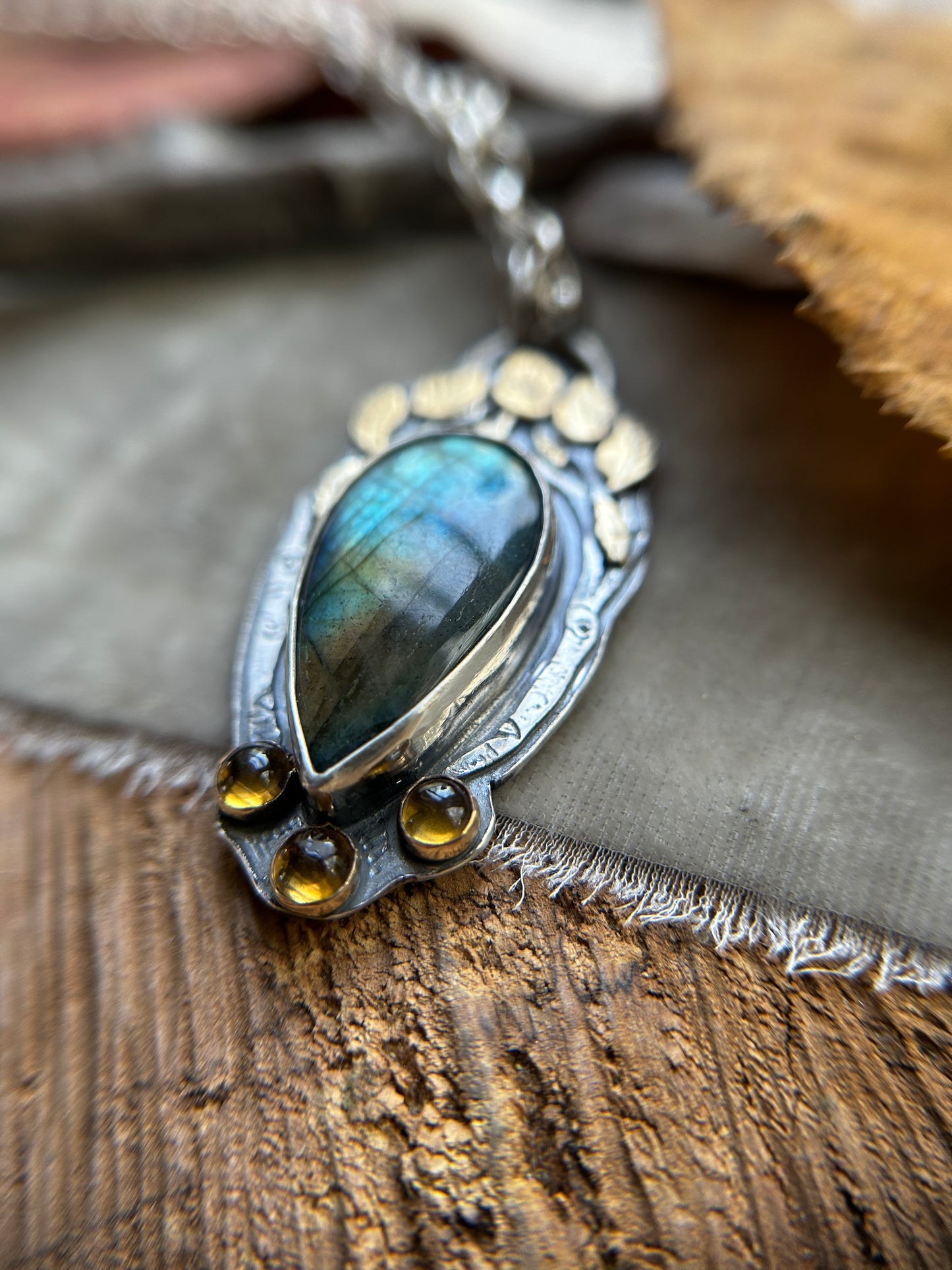 Aspen Crown Labradorite Necklace with Citrine and hidden crow forest tree back- sterling silver jewelry